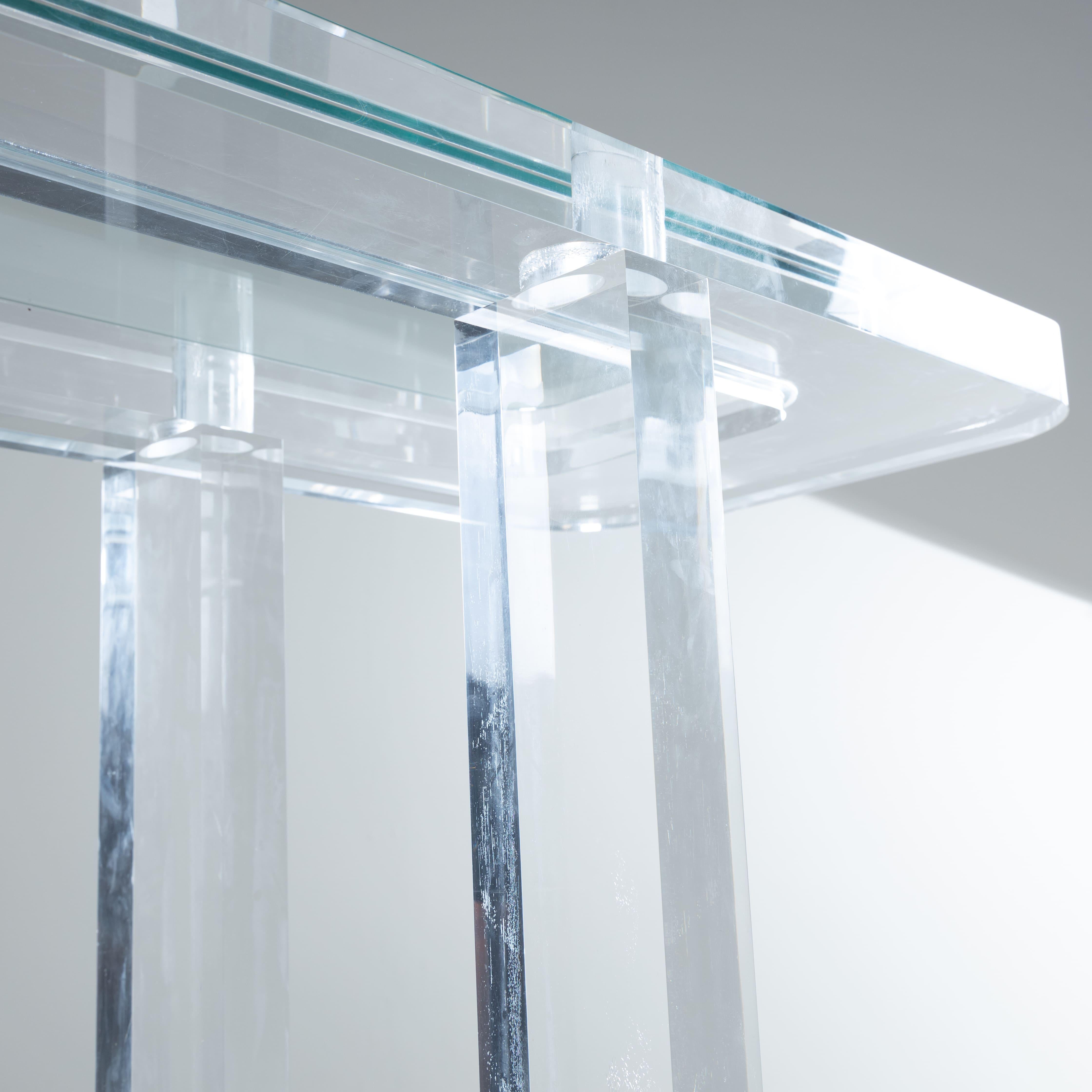 Thick transparent plexiglass console table, glass top, 1980s For Sale 4