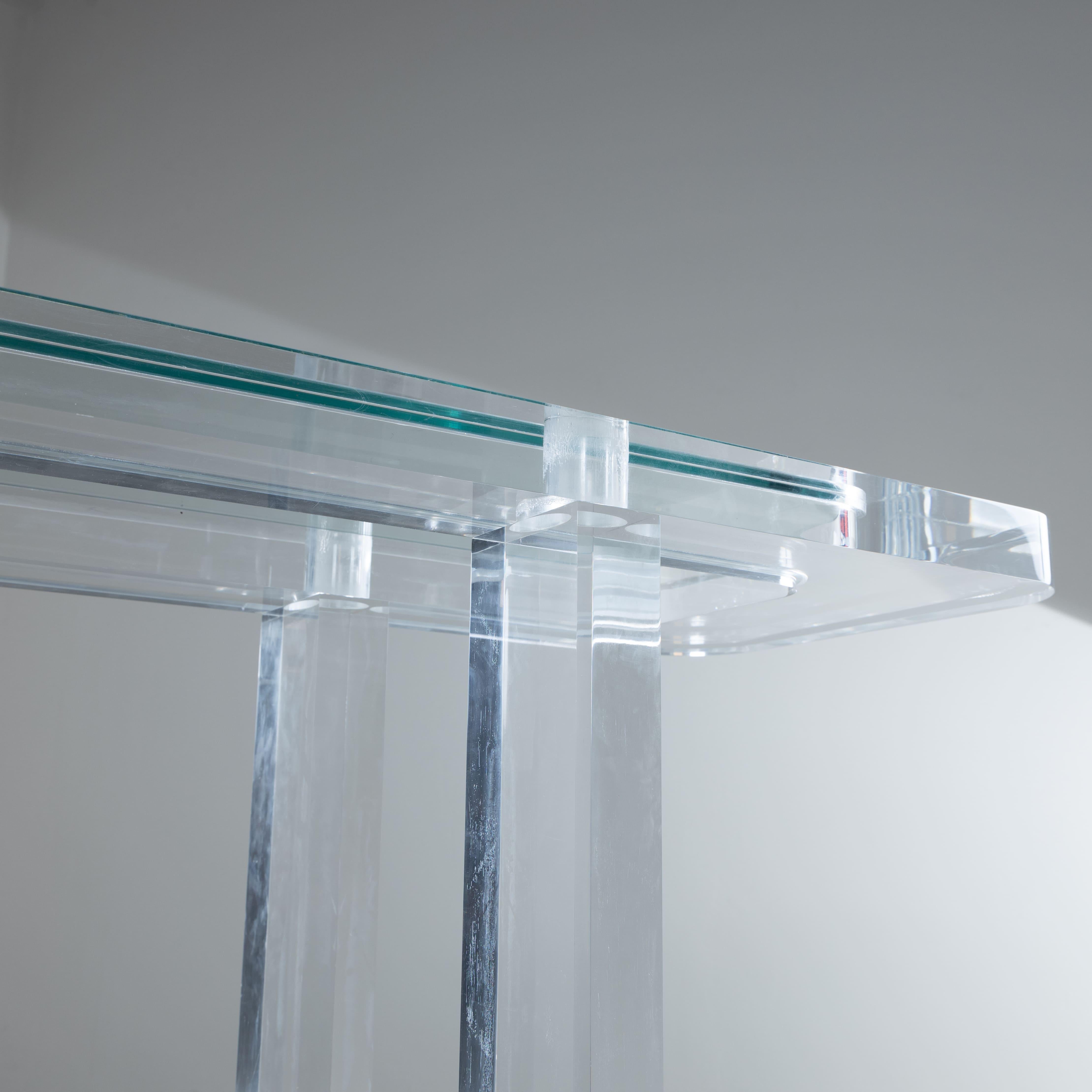 Thick transparent plexiglass console table, glass top, 1980s For Sale 5