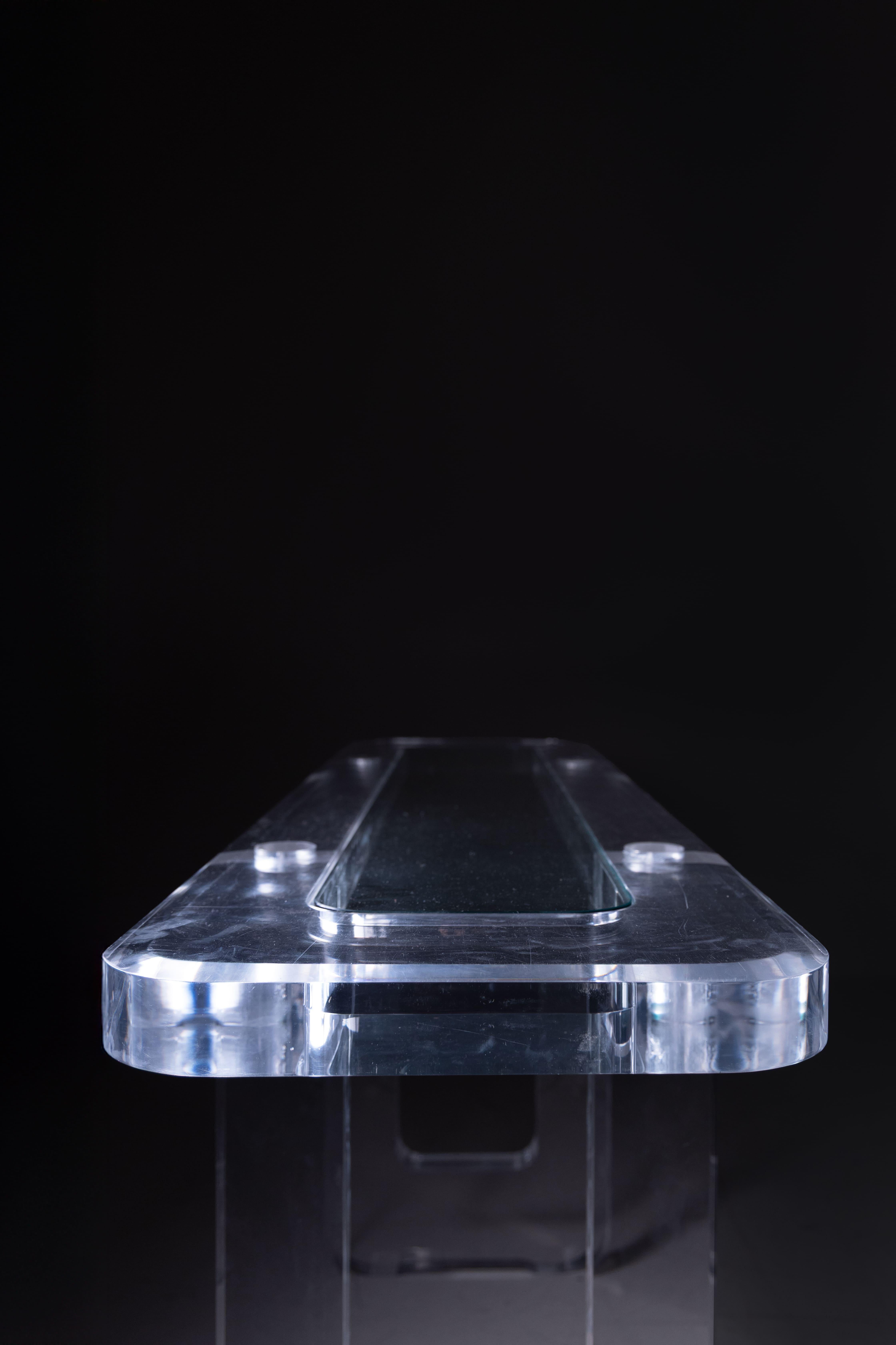 Thick transparent plexiglass console table, glass top, 1980s For Sale 8