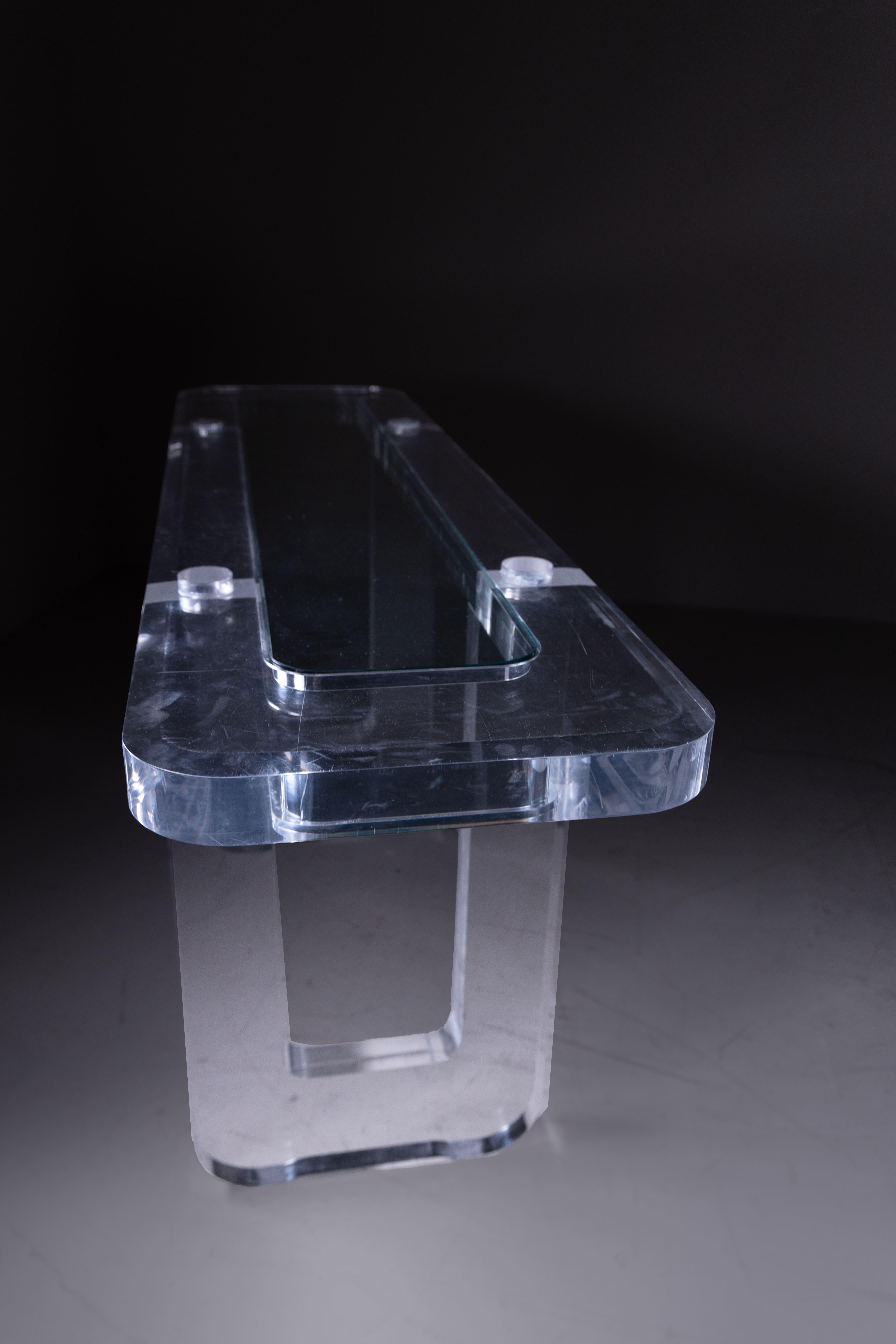 Thick transparent plexiglass console table, glass top, 1980s For Sale 9
