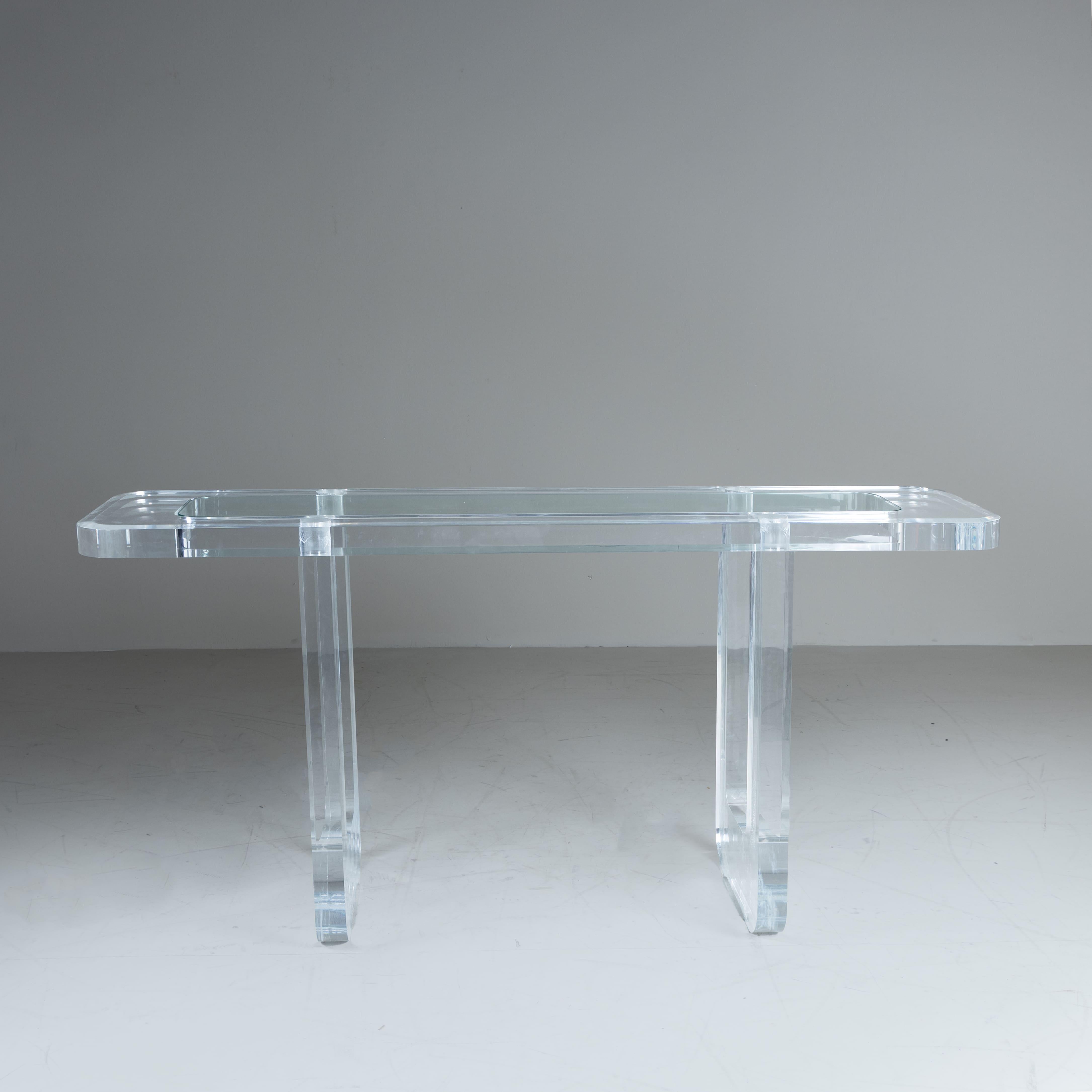 Post-Modern Thick transparent plexiglass console table, glass top, 1980s For Sale