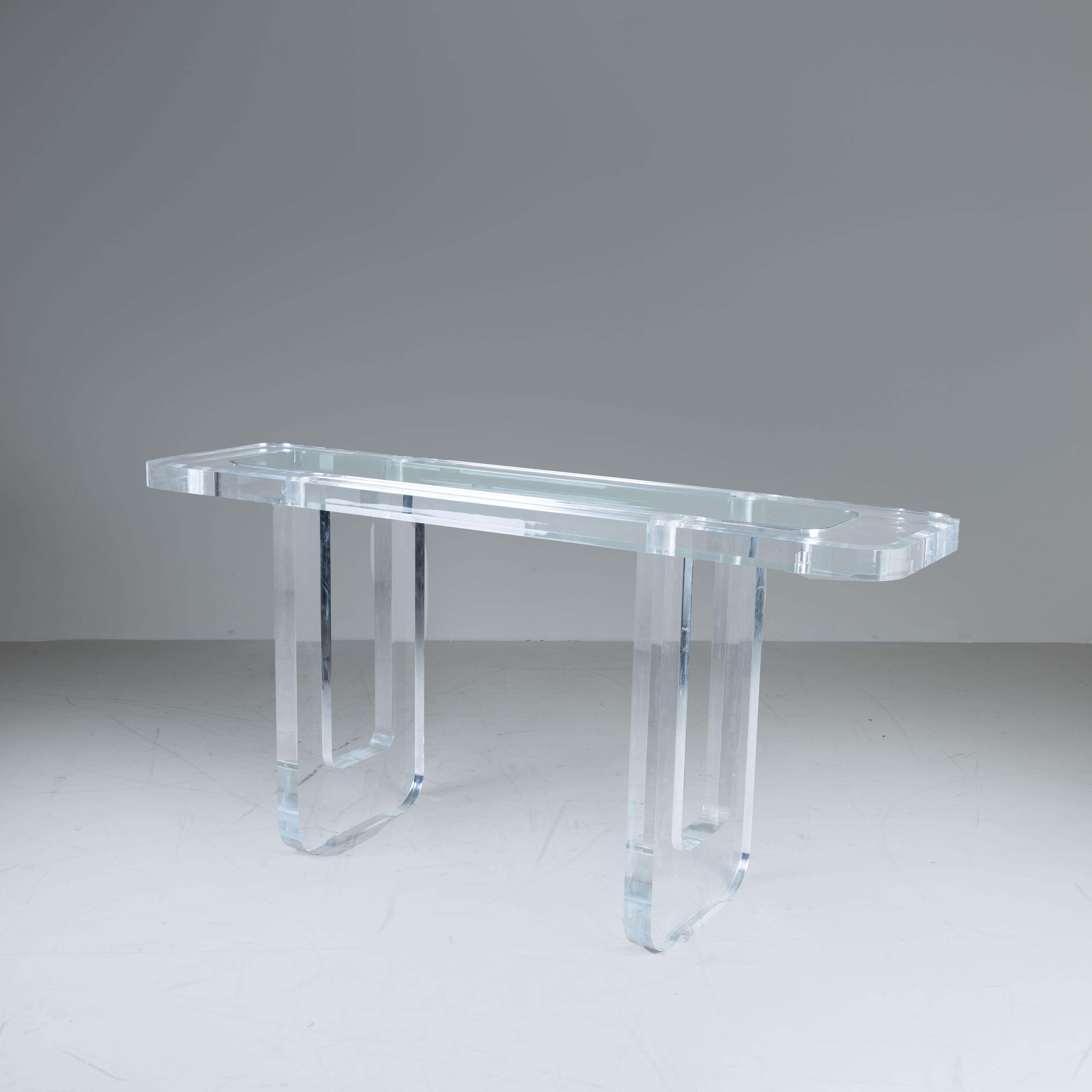 European Thick transparent plexiglass console table, glass top, 1980s For Sale