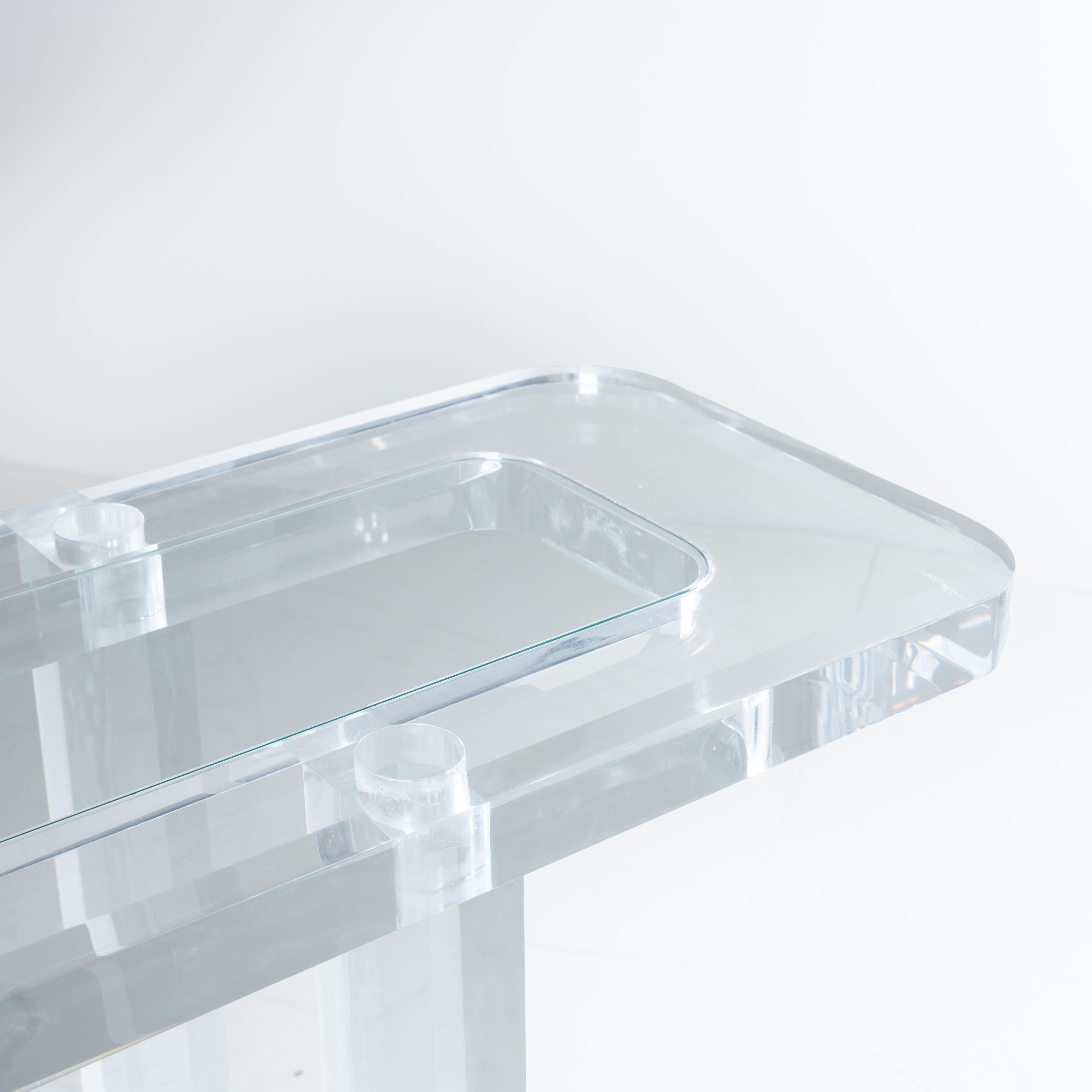Glass Thick transparent plexiglass console table, glass top, 1980s For Sale