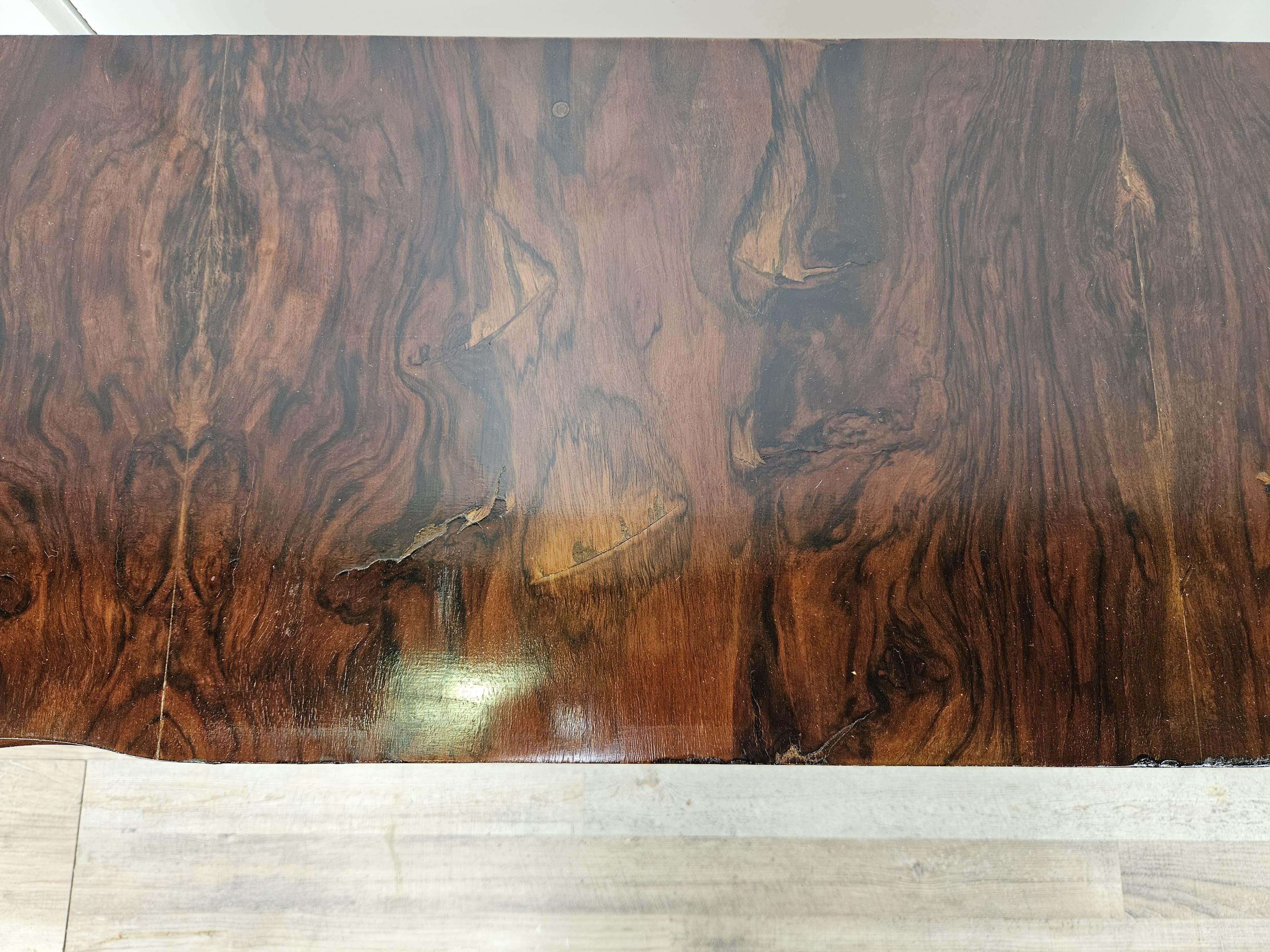 Brass Art Deco mahogany burl console table with drawers 20th century For Sale