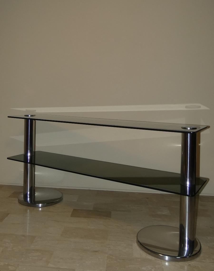 Minimalismo Consolle in vetro fumé, acciaio e placcatura in cromo, Italia anni '70 in vendita
