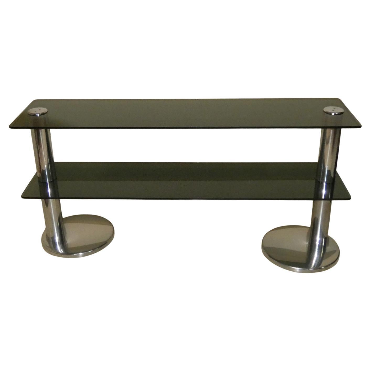Smoked glass, steel and chrome plated console table, Italy 1970s