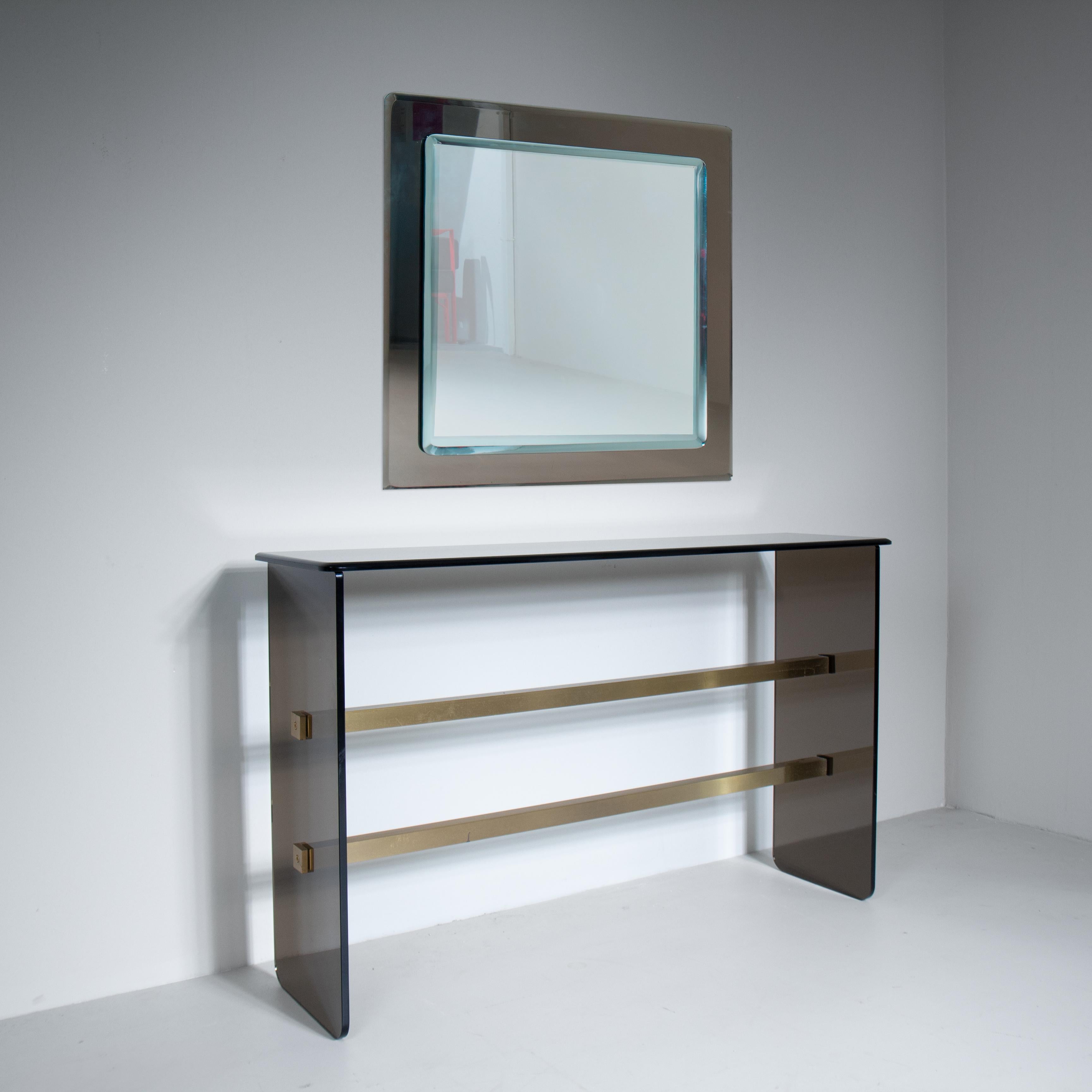Smoked glass console table with beveled mirror, 1970s For Sale 6