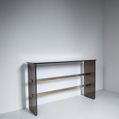 Consolle in vetro fumé con specchio molato, 1970