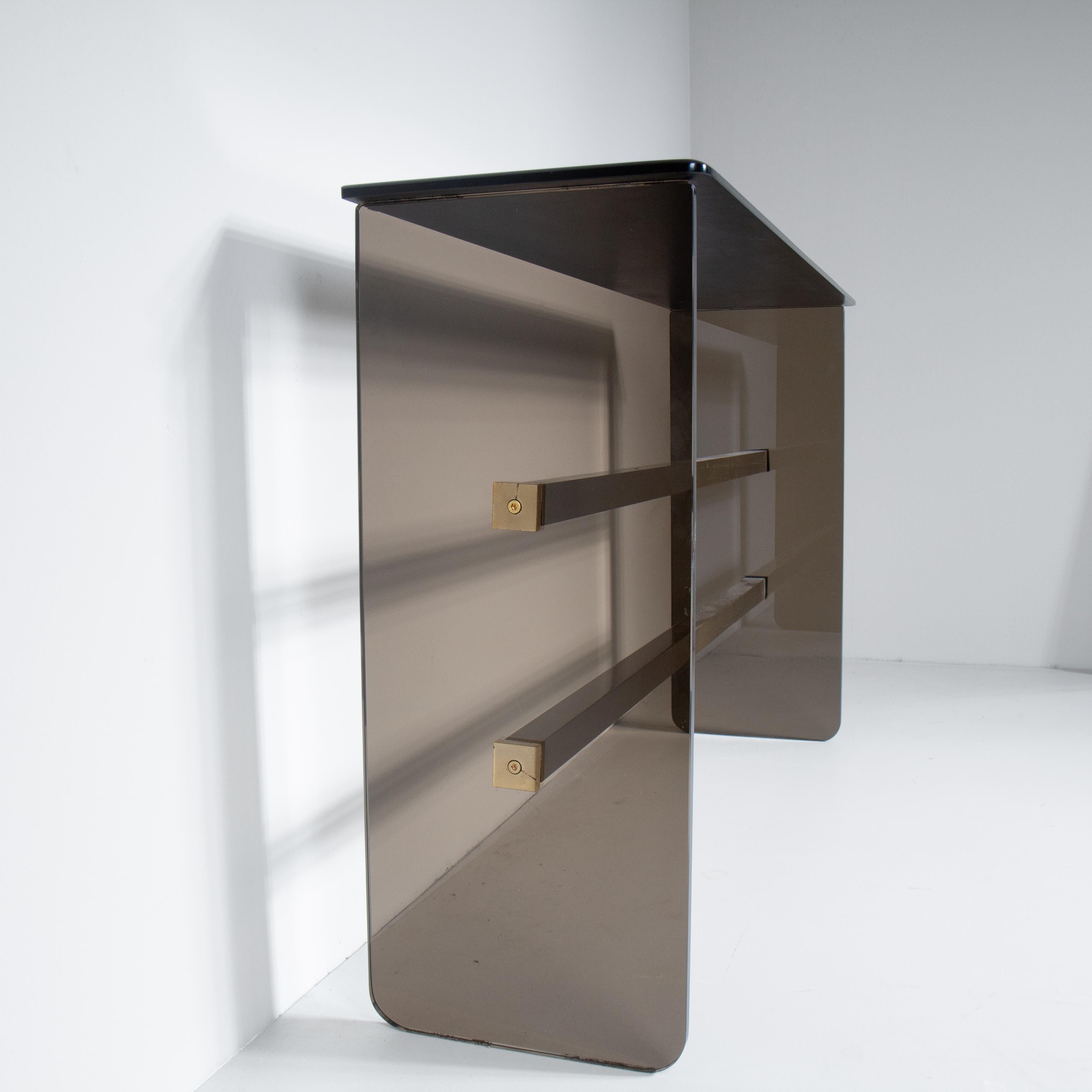 Art Deco Smoked glass console table with beveled mirror, 1970s For Sale
