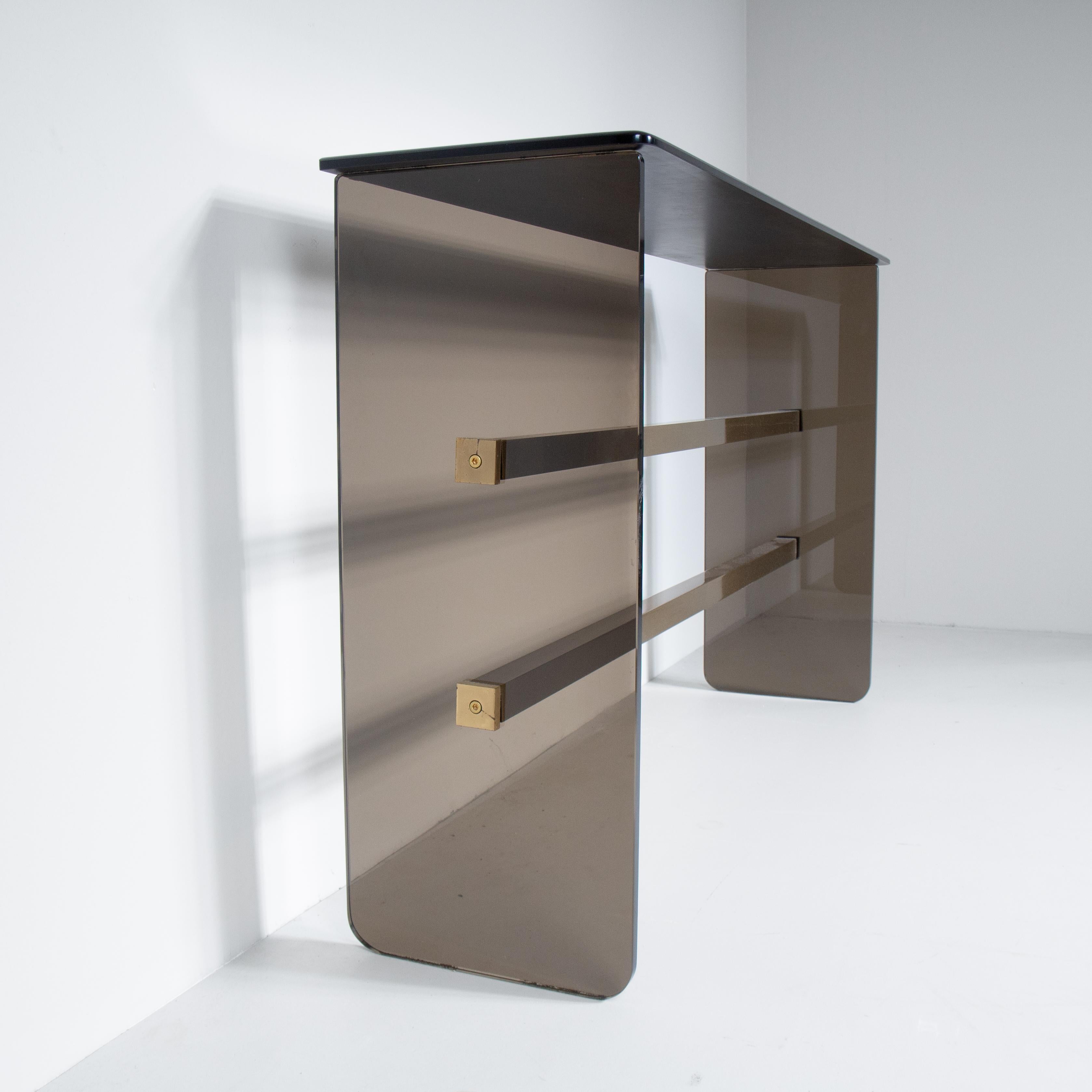 Italian Smoked glass console table with beveled mirror, 1970s For Sale