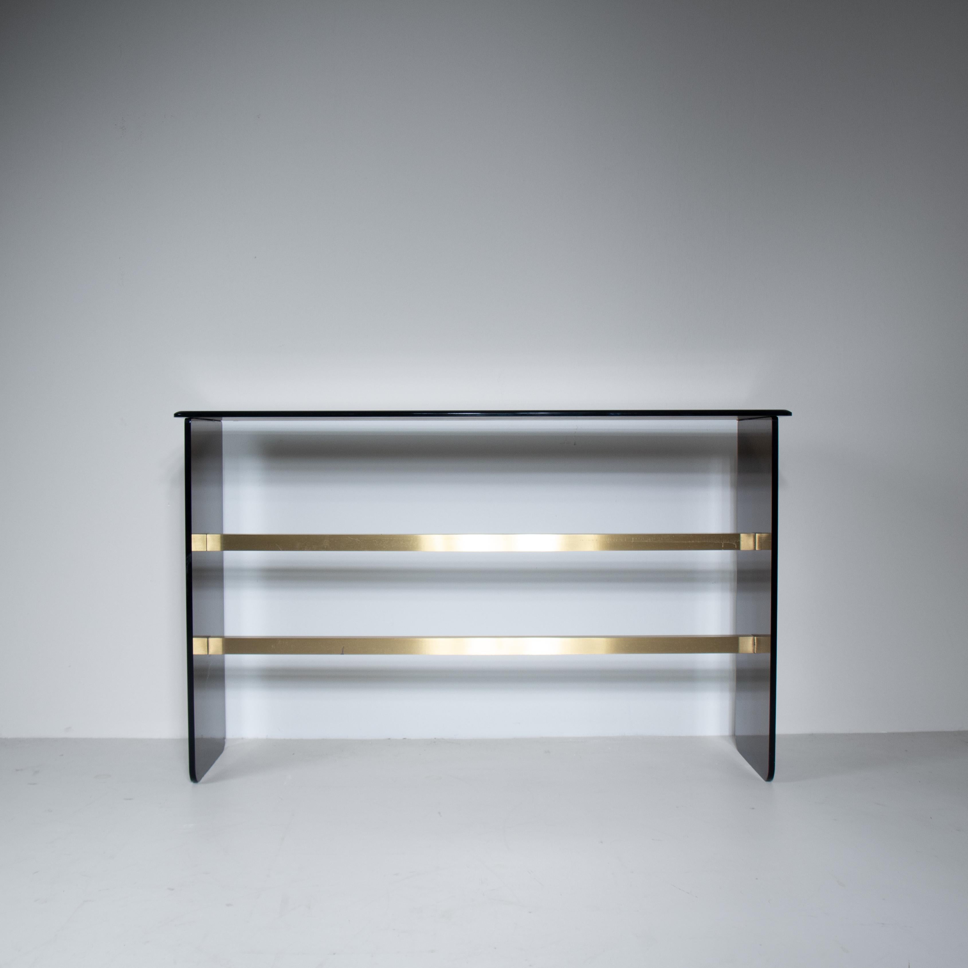 Smoked glass console table with beveled mirror, 1970s In Good Condition For Sale In Milano, Lombardia