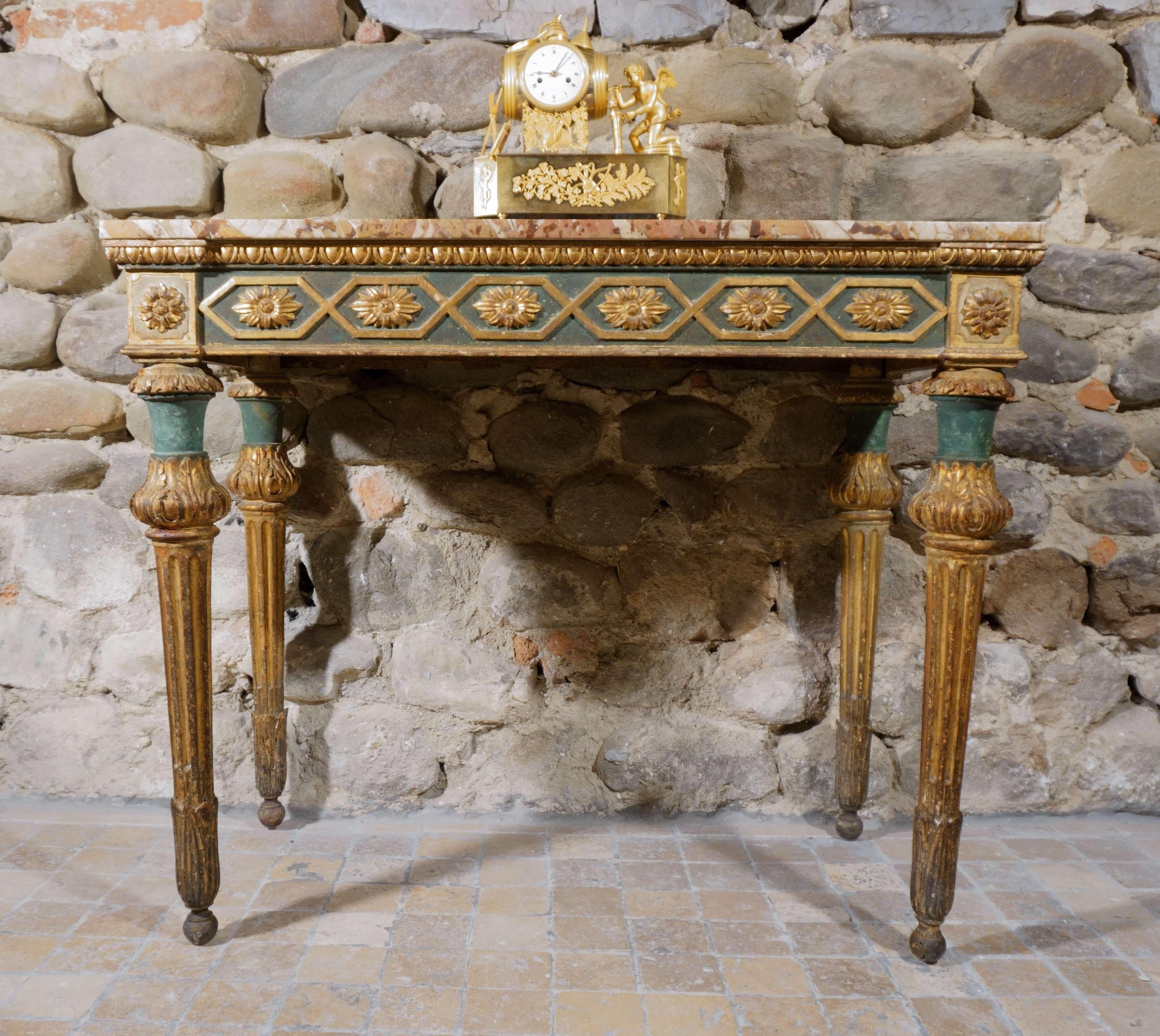 Italian console table Louis XVI eighteenth era Lacquered and Gilded Wood Marble top 6