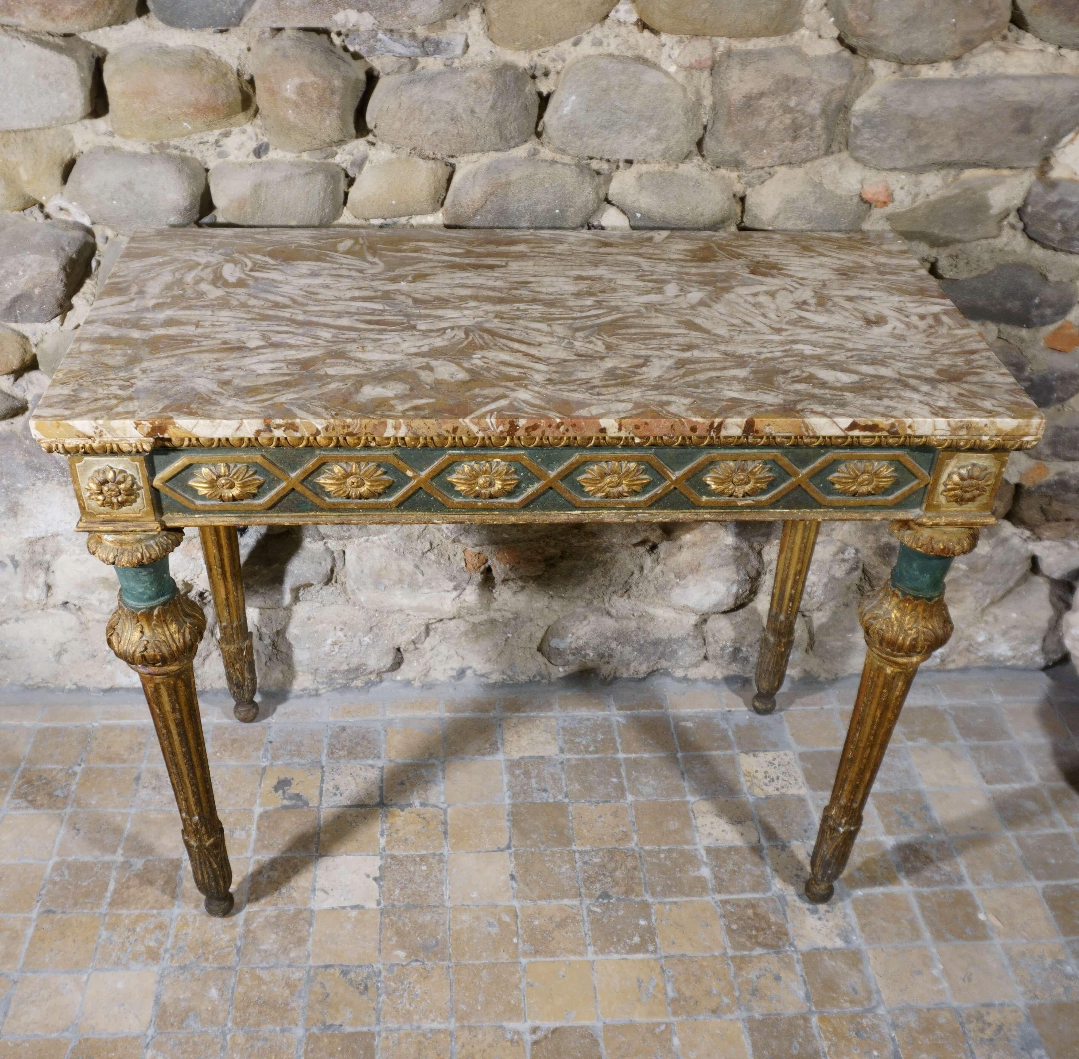 Italian console table Louis XVI eighteenth era Lacquered and Gilded Wood Marble top 8