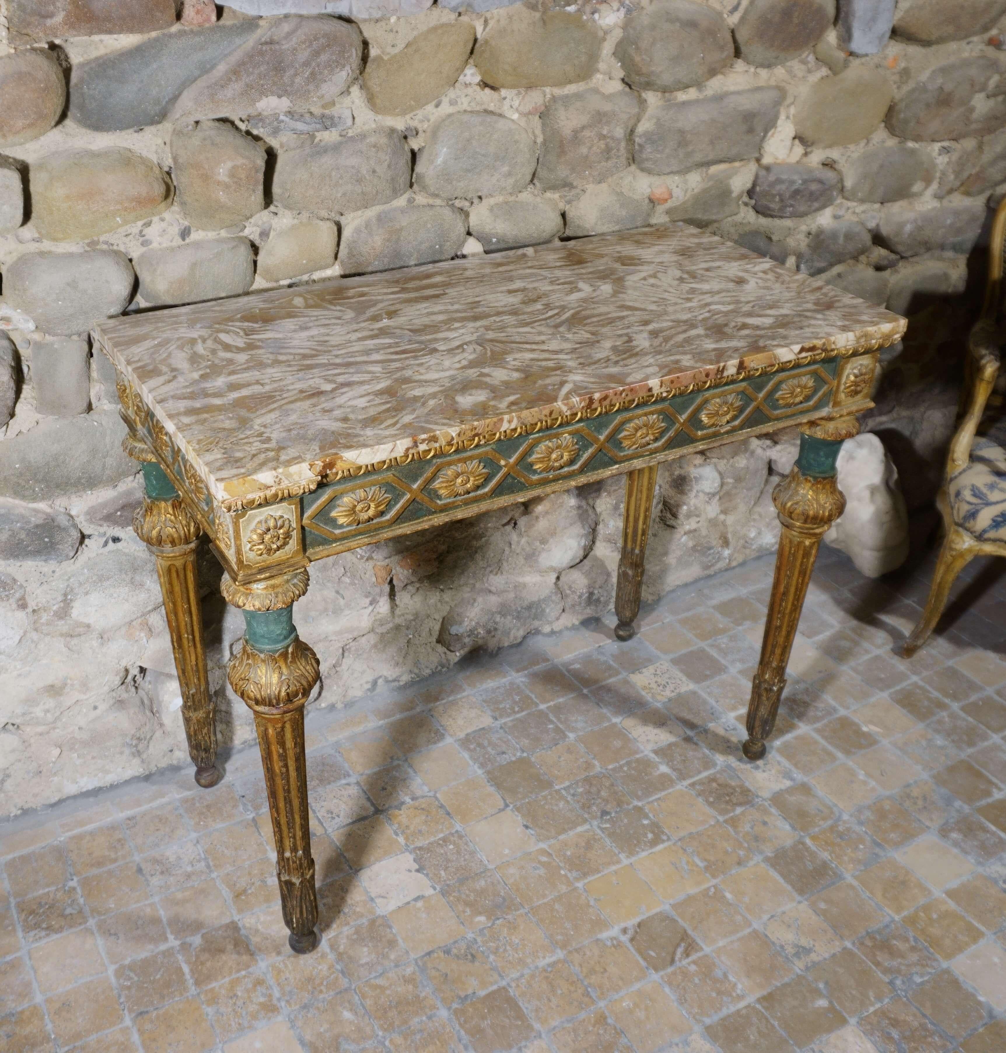 Italian console table Louis XVI eighteenth era Lacquered and Gilded Wood Marble top 9
