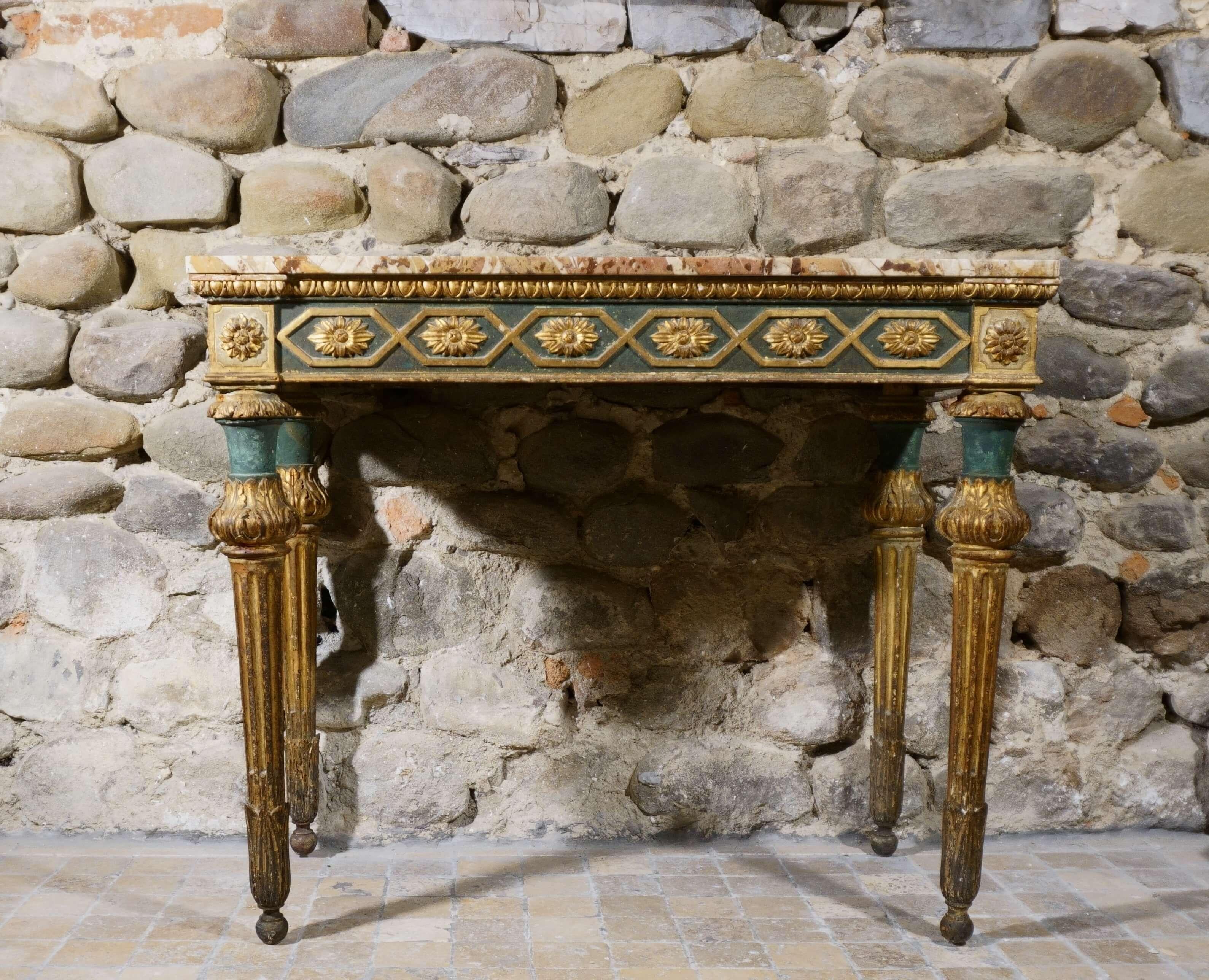 Gilt Italian console table Louis XVI eighteenth era Lacquered and Gilded Wood Marble top