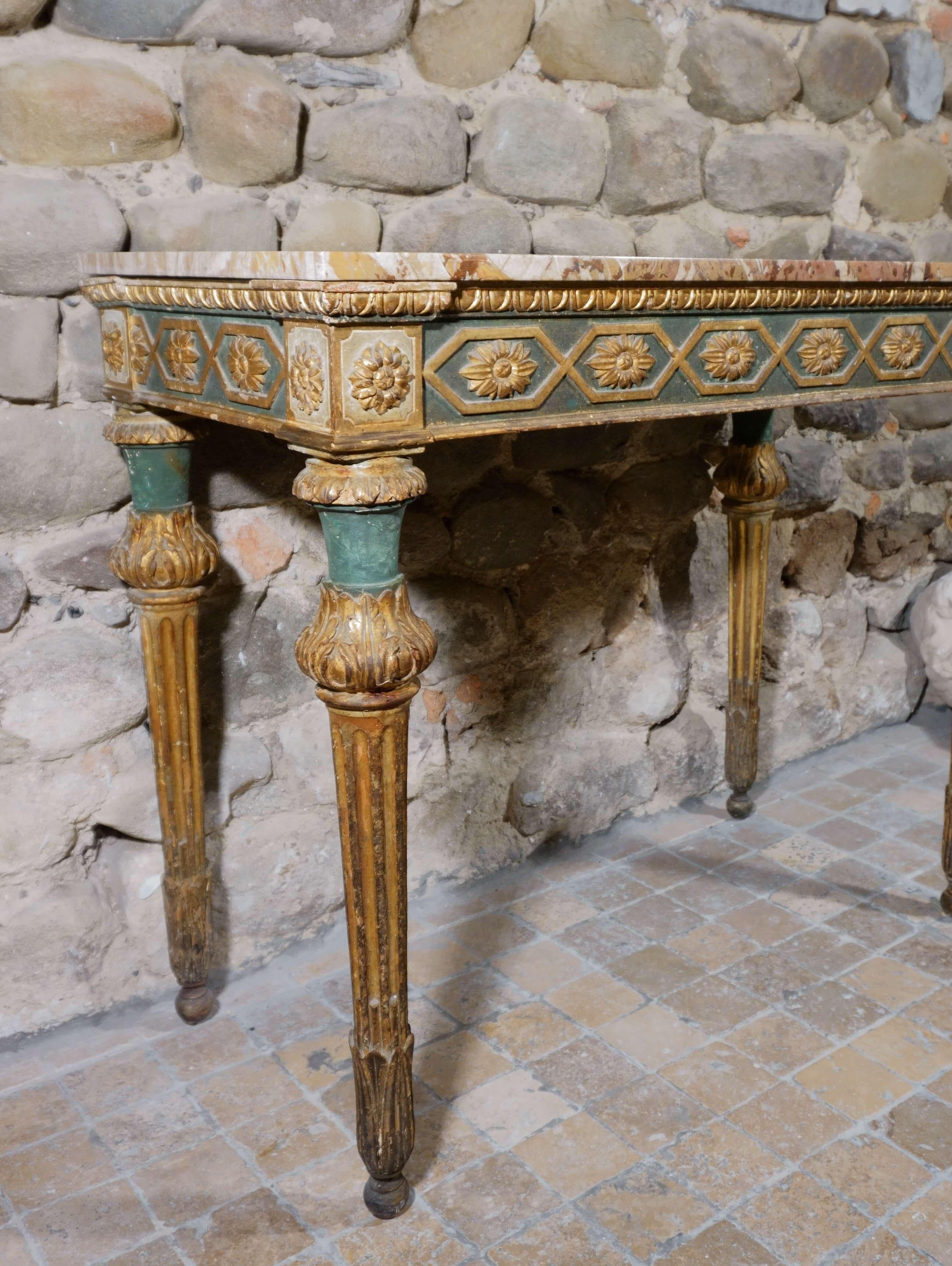 Italian console table Louis XVI eighteenth era Lacquered and Gilded Wood Marble top In Fair Condition In Pistoia, IT