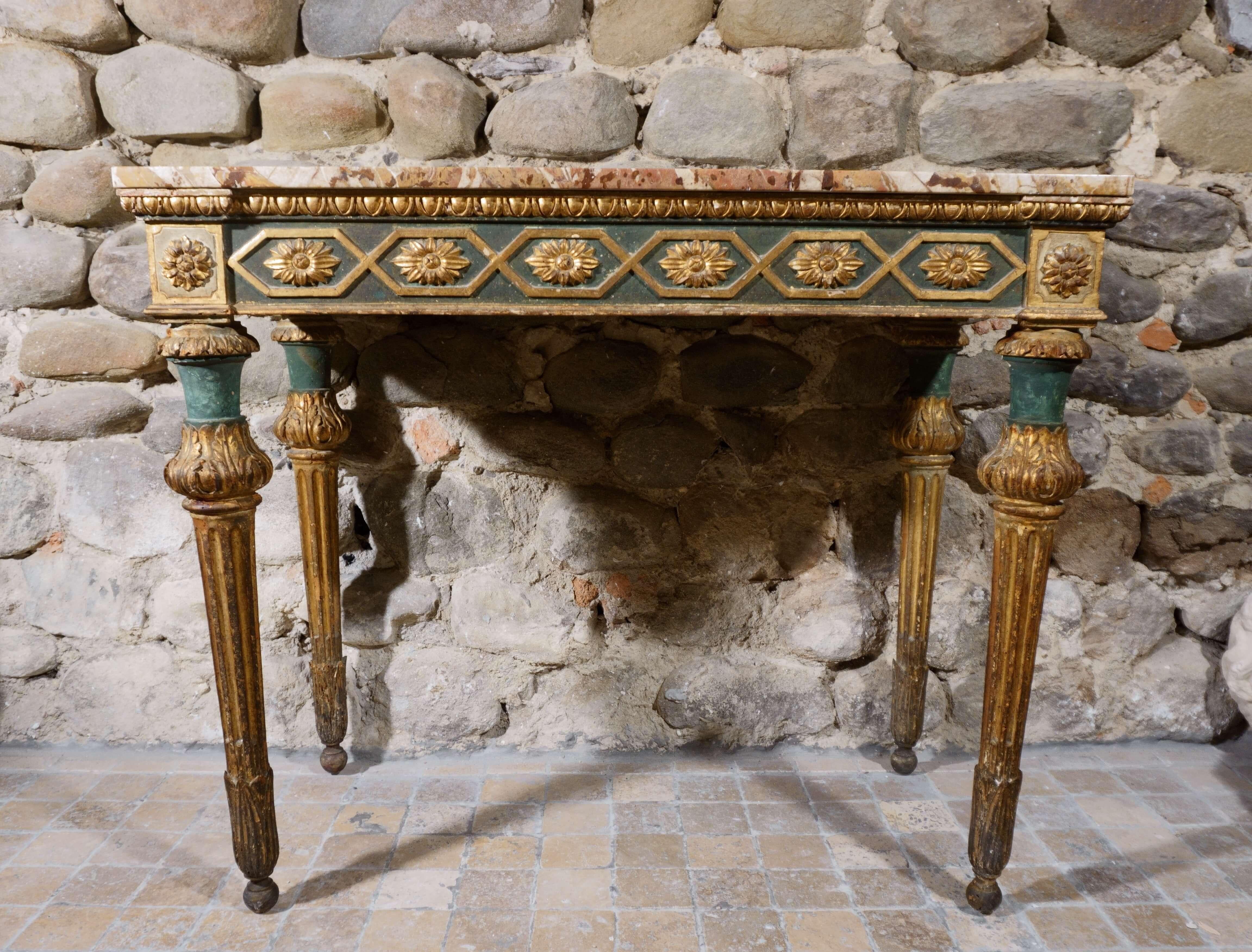 18th Century Italian console table Louis XVI eighteenth era Lacquered and Gilded Wood Marble top