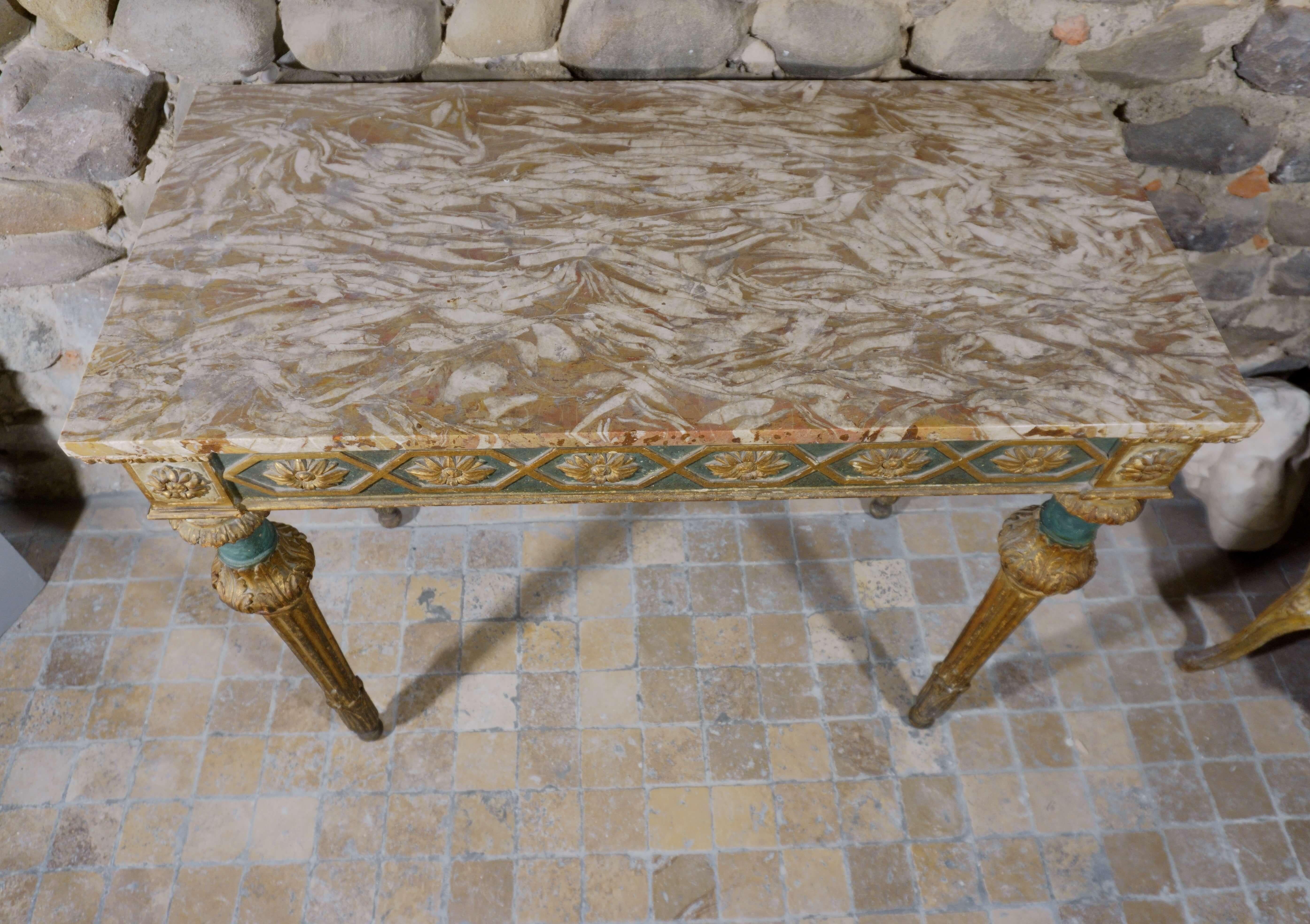 Italian console table Louis XVI eighteenth era Lacquered and Gilded Wood Marble top 1