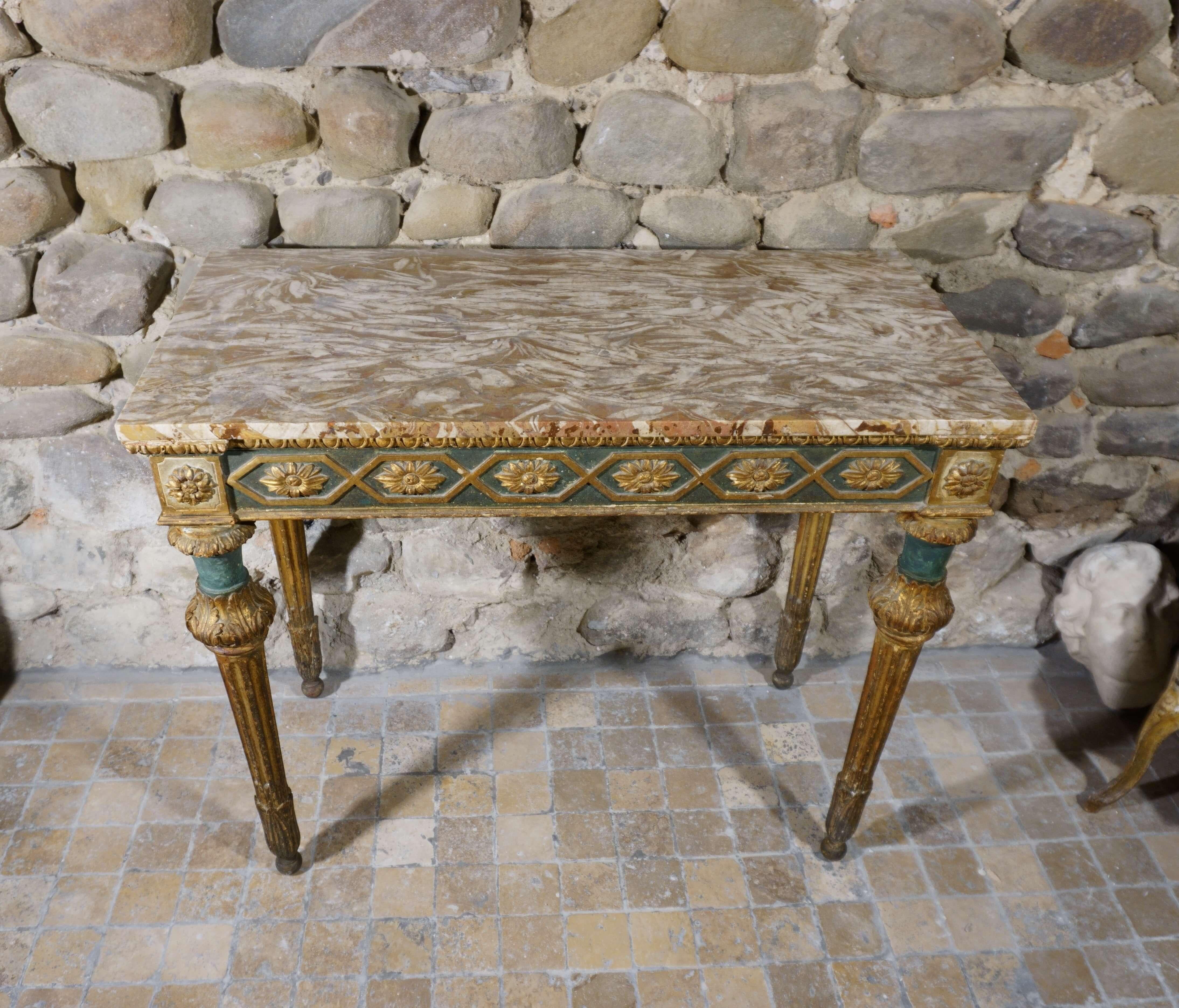 Italian console table Louis XVI eighteenth era Lacquered and Gilded Wood Marble top 4