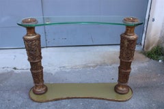 Console Pier Luigi Colli avec tablette en cristal et pieds en bois d'orme sculpté