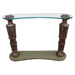 Console Pier Luigi Colli avec tablette en cristal et pieds en bois d'orme sculpté