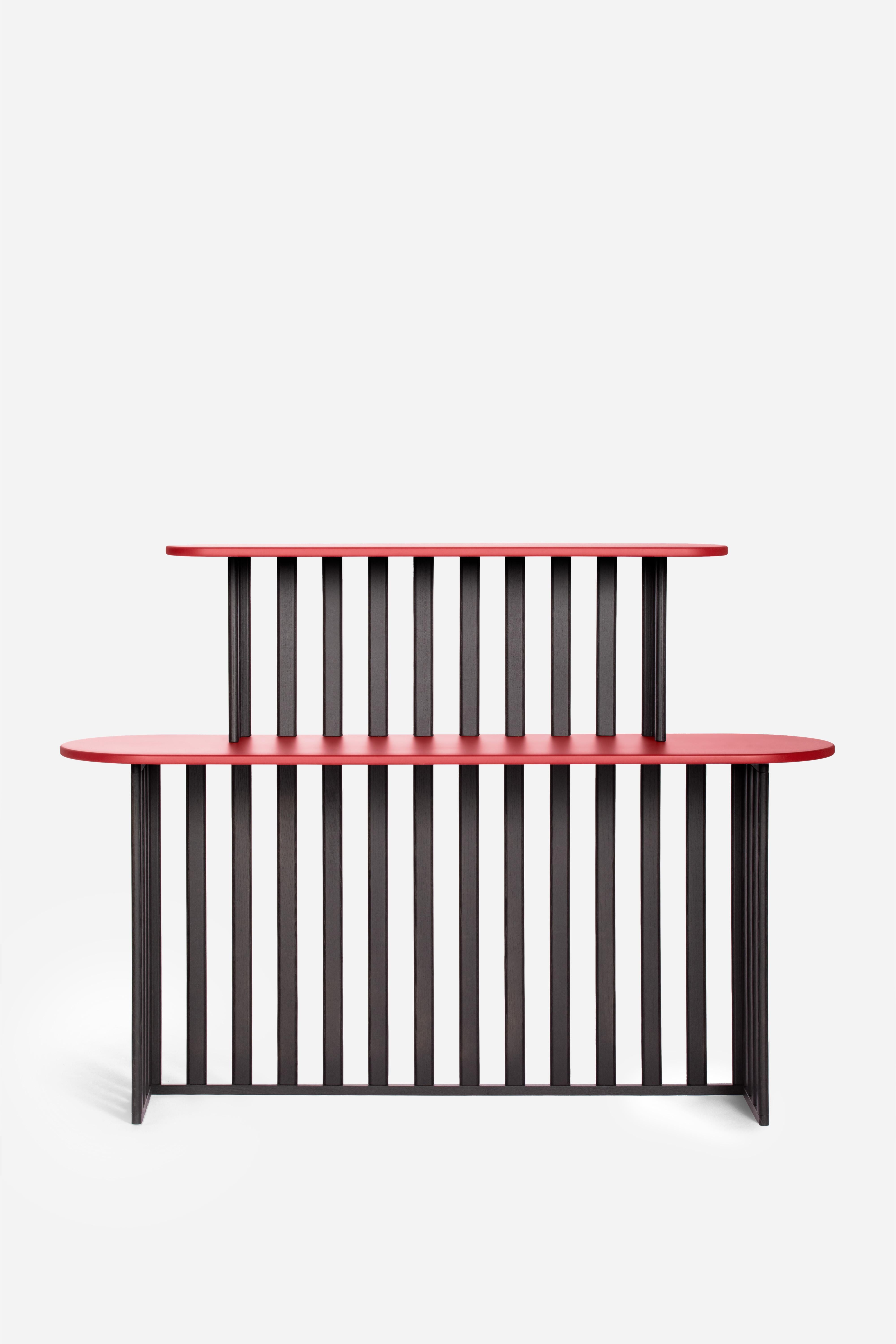 Consoles from the Lido collection. Oval shelves made of scratch-resistant lacquered MDF 19mm (0.07inch) thick, solid wood legs lacquered black. Misure H72/110xW150/110xD20/40cm.
Available in a variety of combinations and sizes. Available lacquered