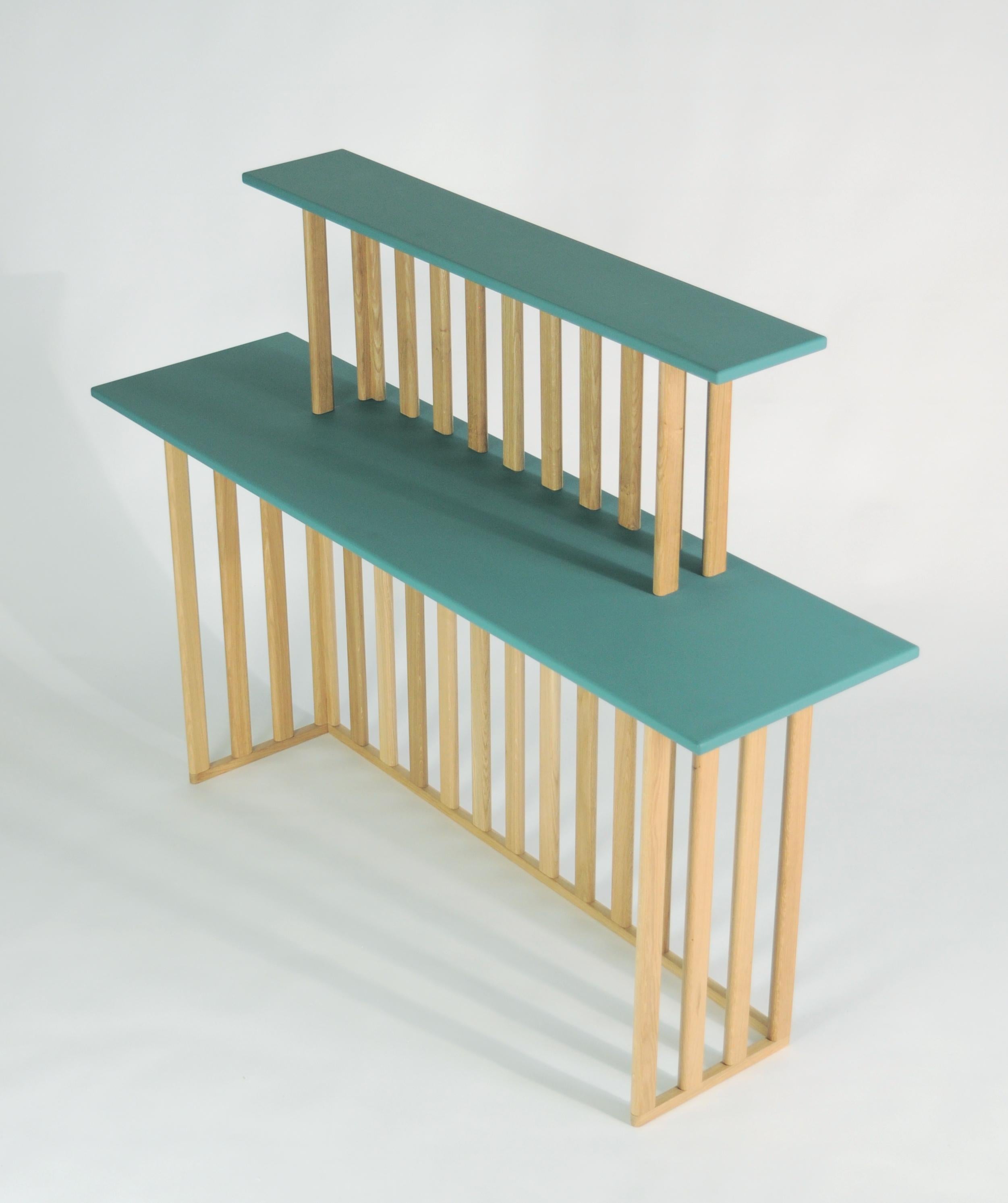 Modern Console table, writing desk, makeup top with oak legs, MDF shelves For Sale