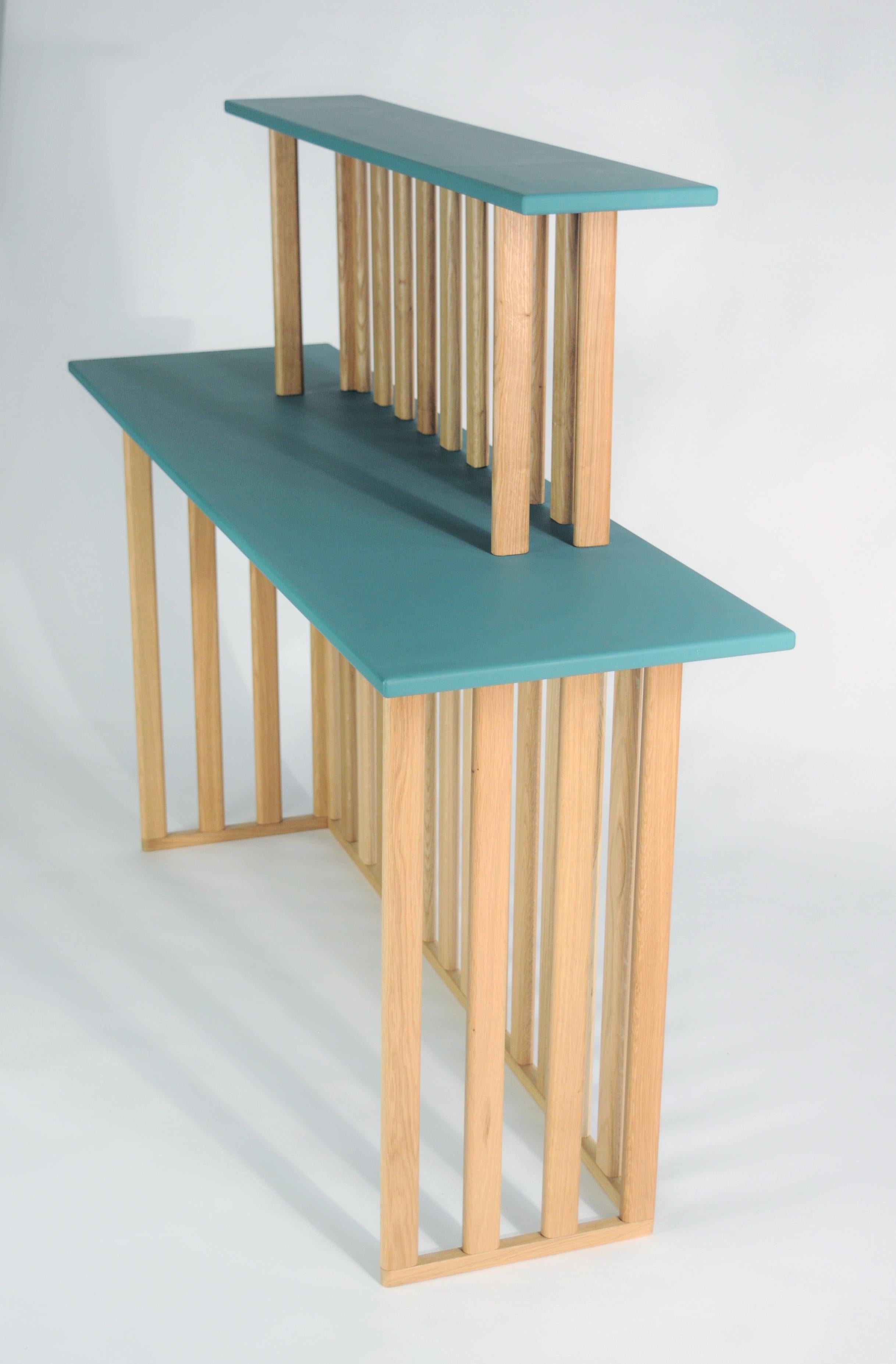 Italian Console table, writing desk, makeup top with oak legs, MDF shelves For Sale