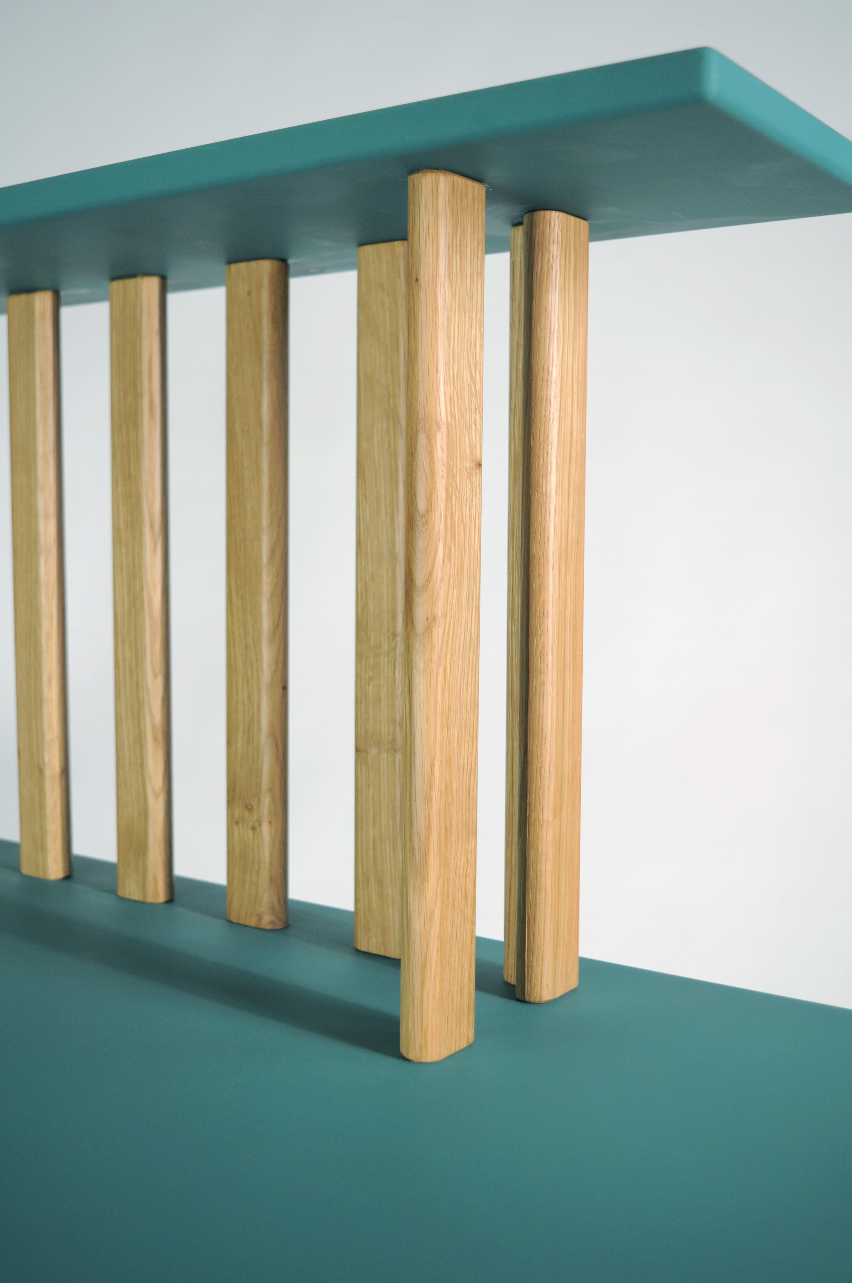 Contemporary Console table, writing desk, makeup top with oak legs, MDF shelves For Sale