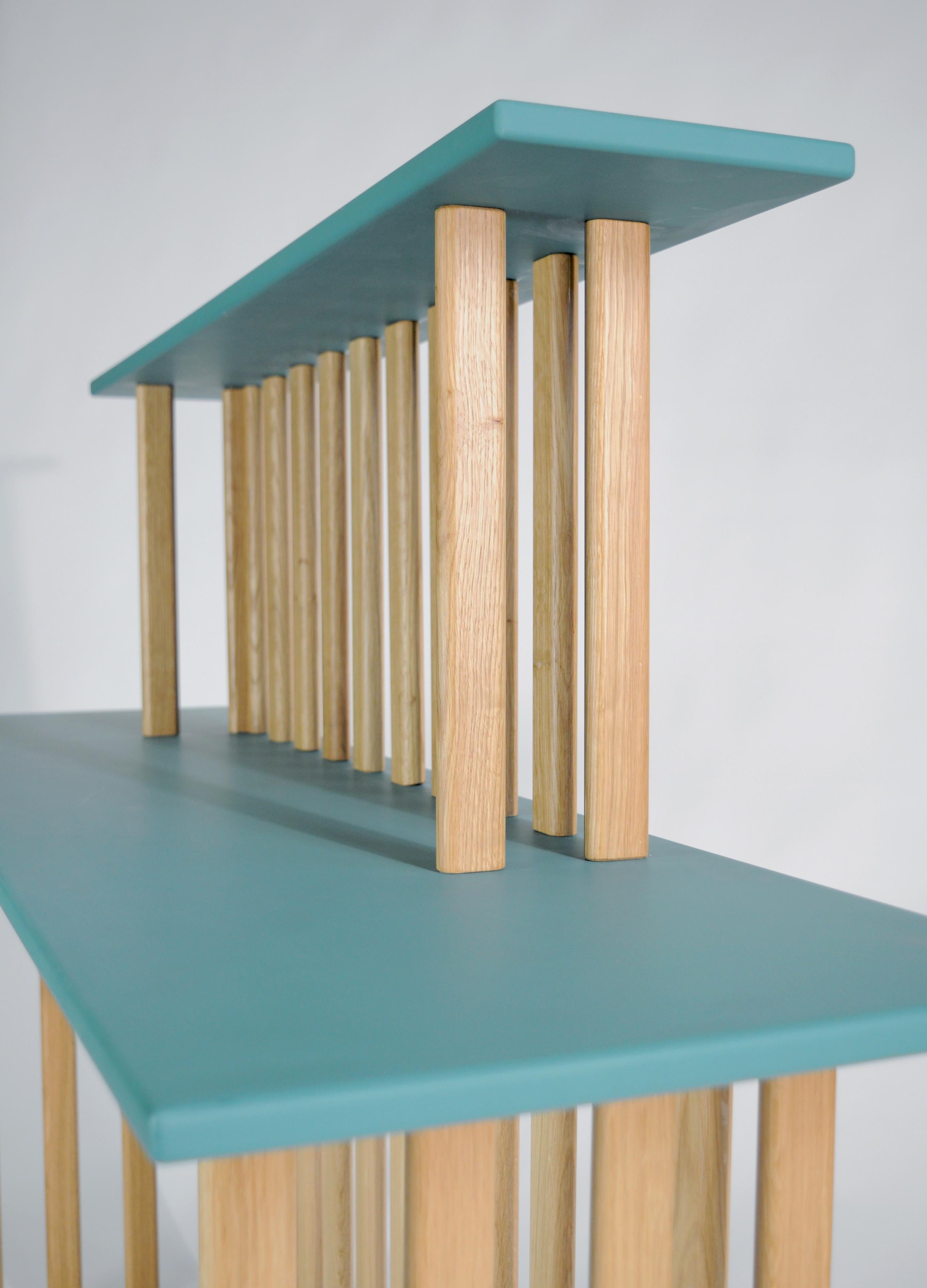 Wood Console table, writing desk, makeup top with oak legs, MDF shelves For Sale