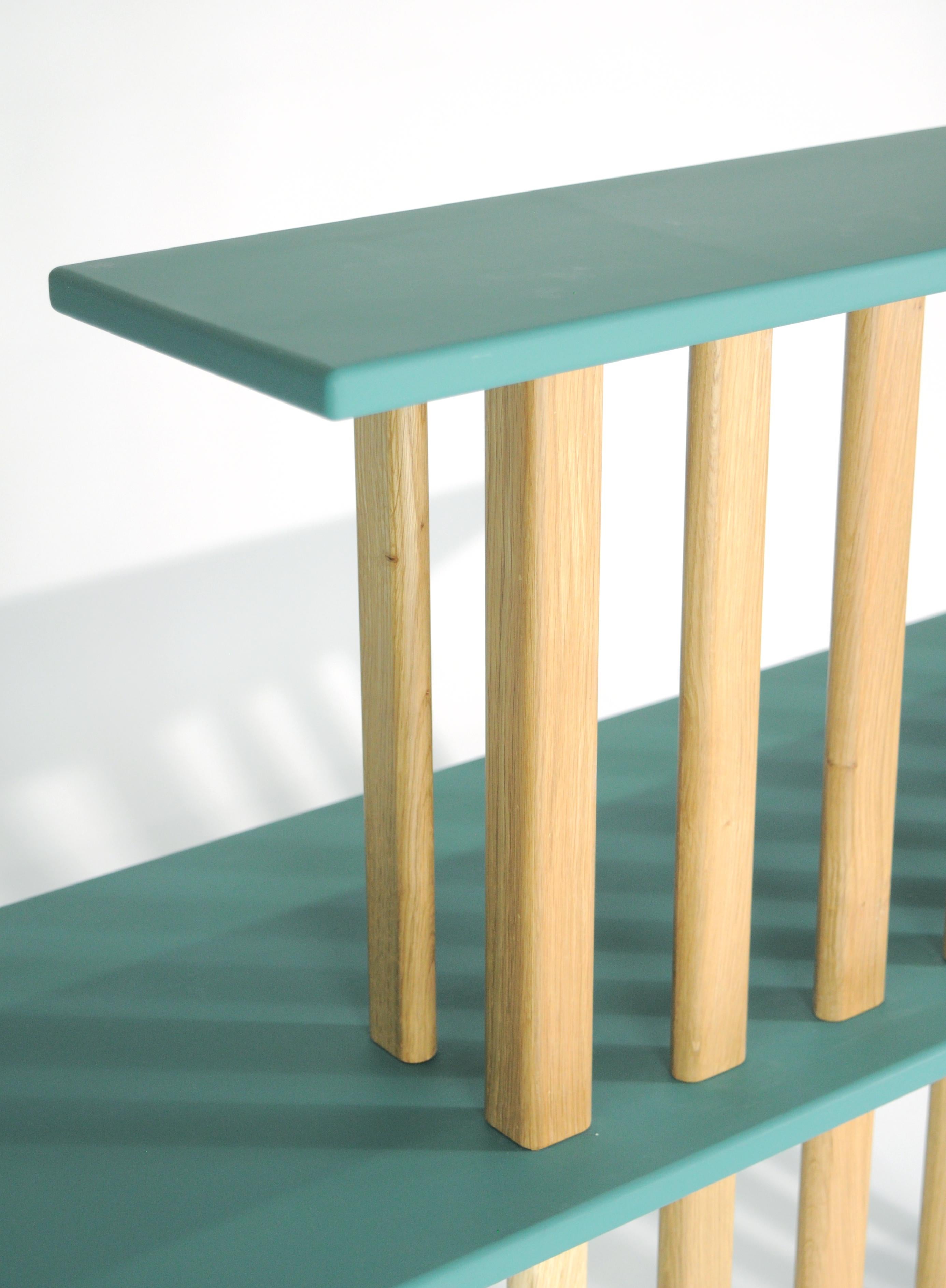 Console table, writing desk, makeup top with oak legs, MDF shelves For Sale 1