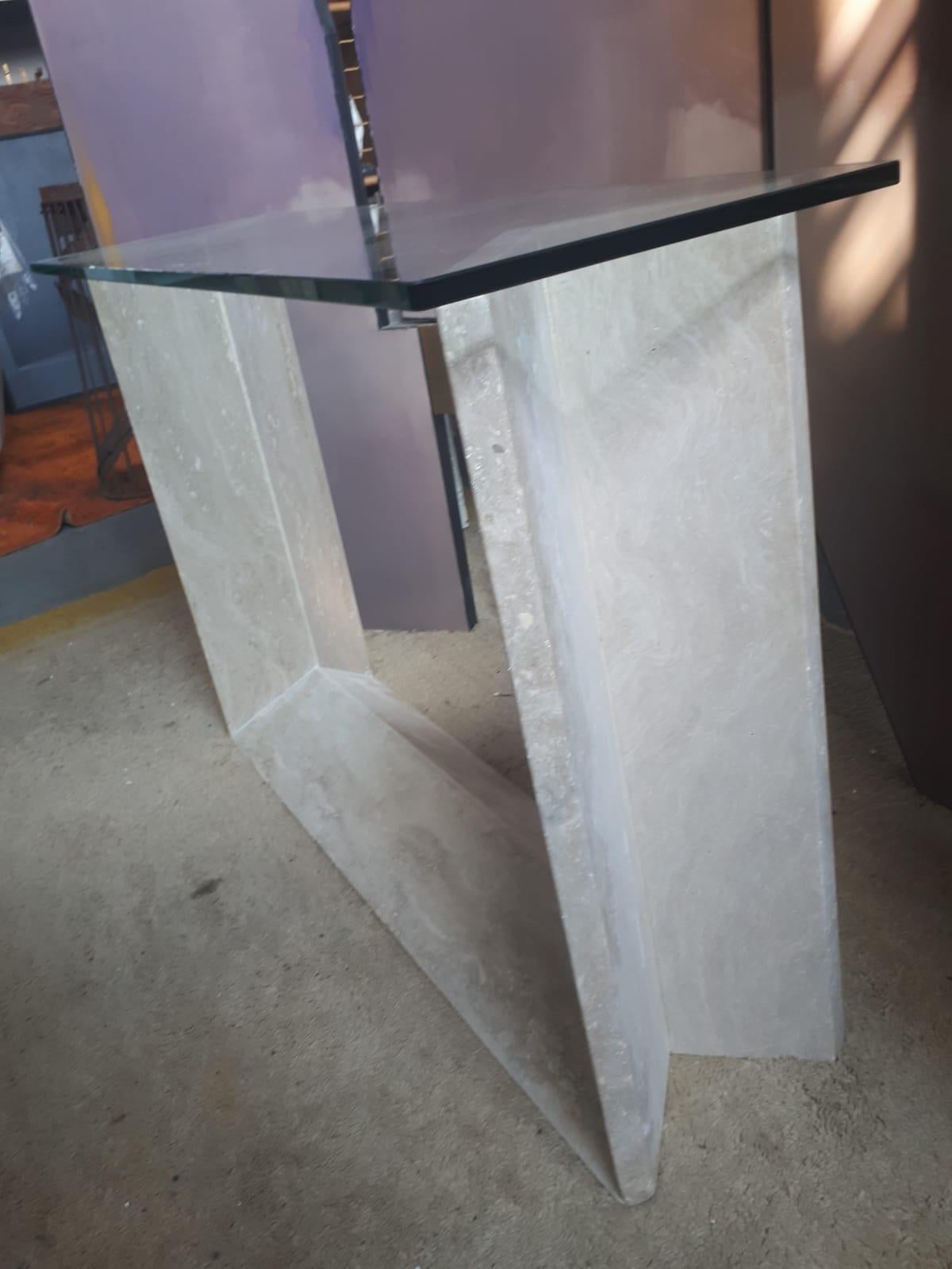 Late 20th Century Consolle, Travertine, Glass Top, circa 1970, Italy For Sale
