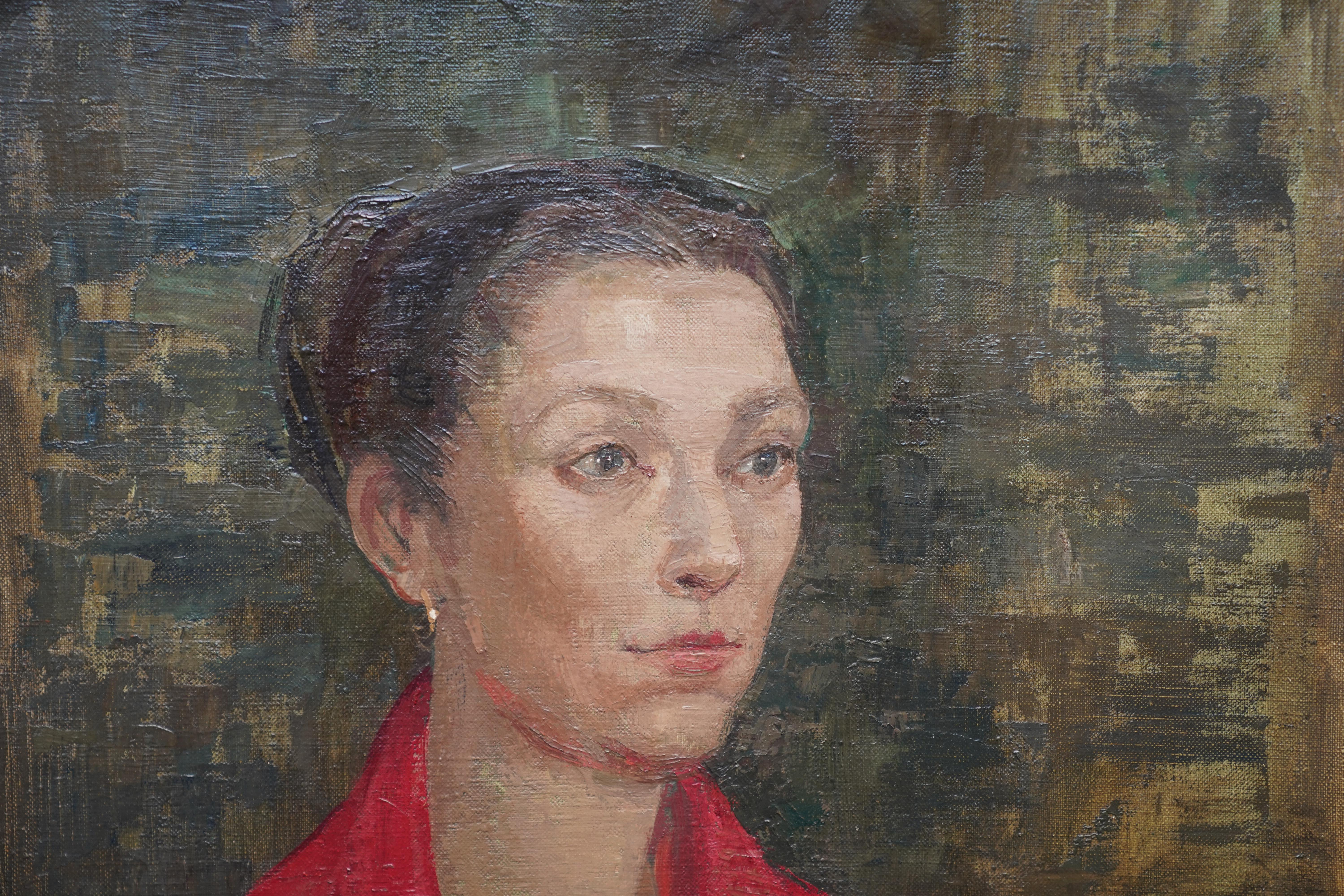 Portrait de femme en rouge - Peinture à l'huile post-impressionniste britannique des années 50 - Artiste - Réalisme Painting par Constance Anne Parker
