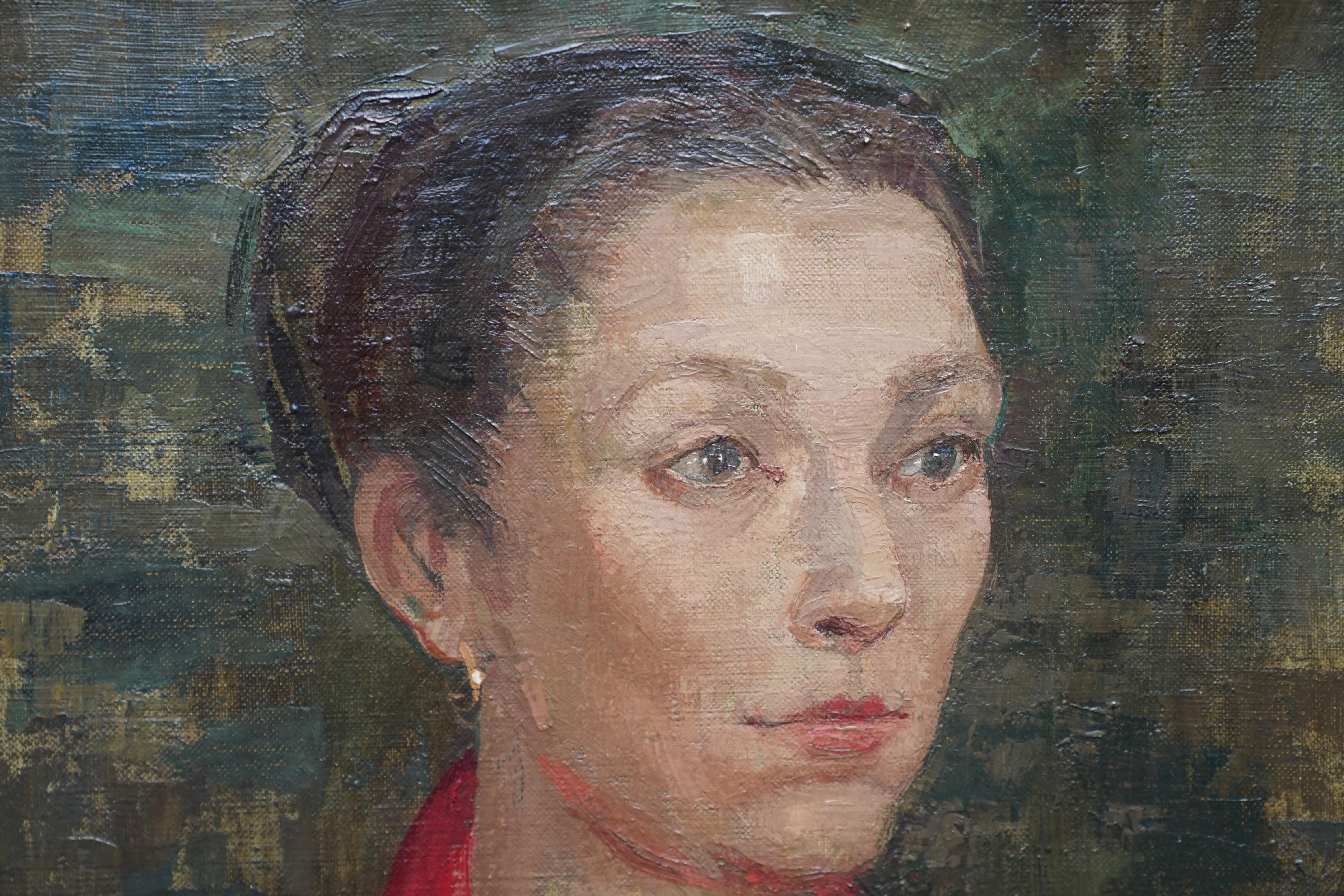 Superbe portrait britannique à l'huile dans les tons de rouge, datant de 1955.  Un portrait de femme d'époque très évocateur, peint par l'artiste britannique Constance Anne Parker. Artistics très apprécié, son style évoque les années 1950 et doit