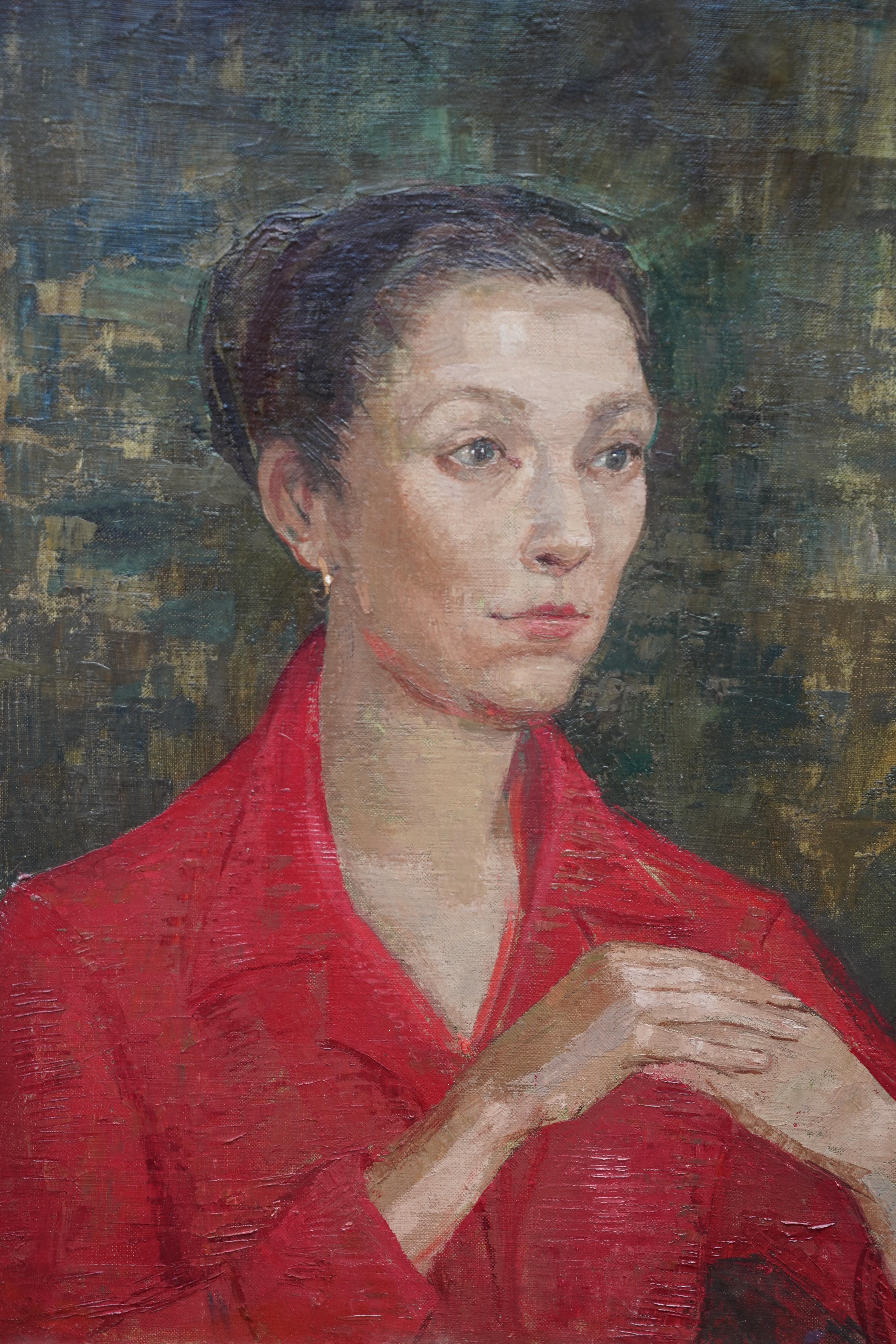 Lady in Red Portrait - British Post Impressionist 50s oil painting female artist - Realist Painting by Constance Anne Parker