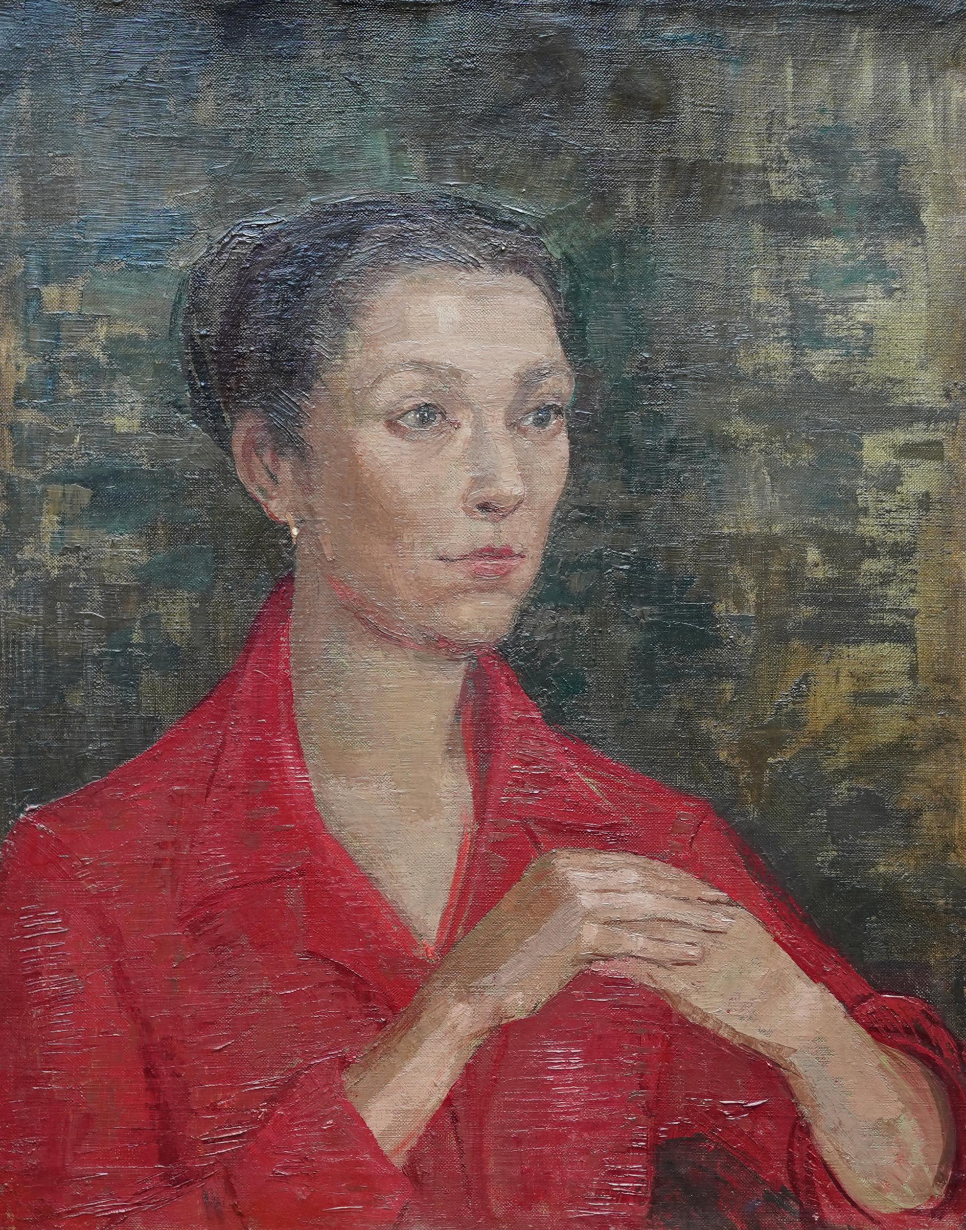 A super circa 1955 British portrait oil painting in tones of red.  A very evocative period portrait of a woman painted by British listed female artist Constance Anne Parker. A highly regarded artist the style is very evocative of the 1950's and owes