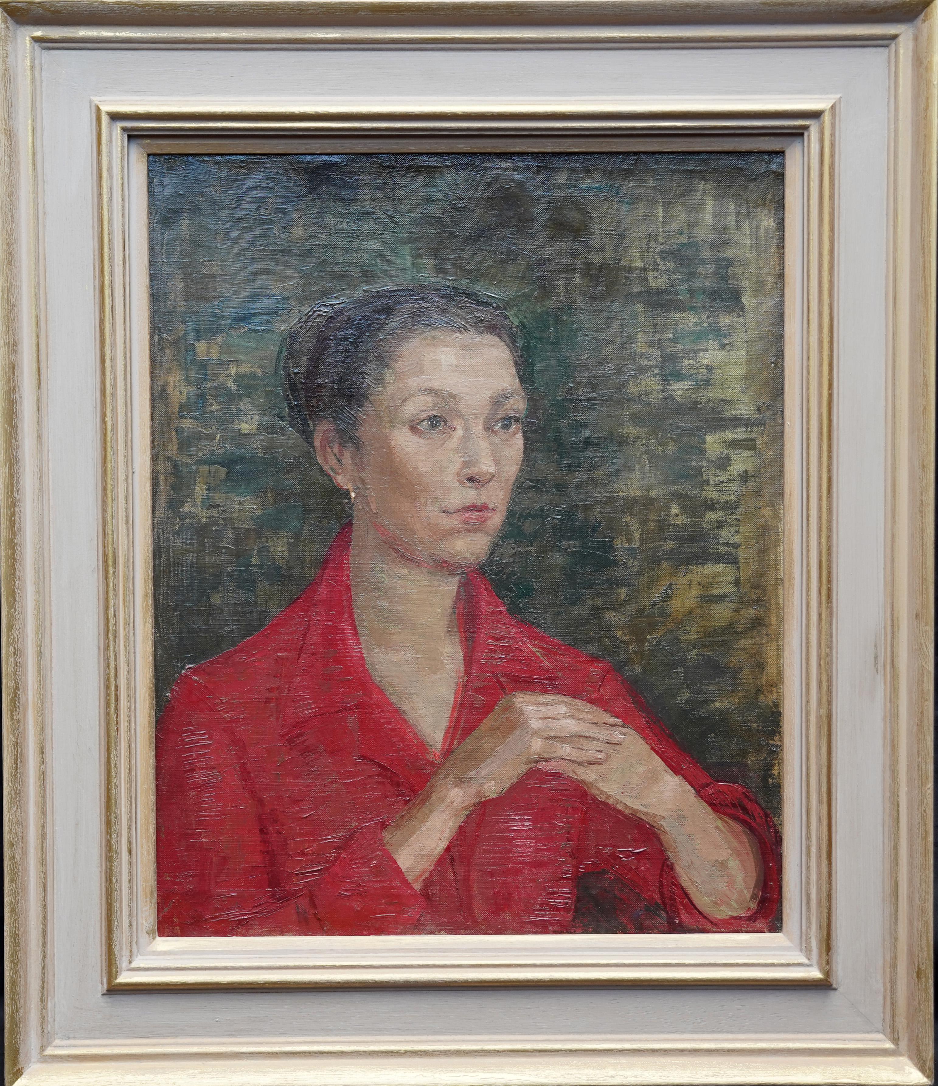 Lady in Red Portrait - British Post Impressionist 50s oil painting female artist For Sale 2