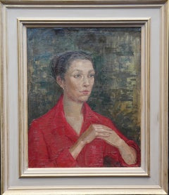 Vintage Lady in Red Portrait - British Post Impressionist 50s oil painting female artist