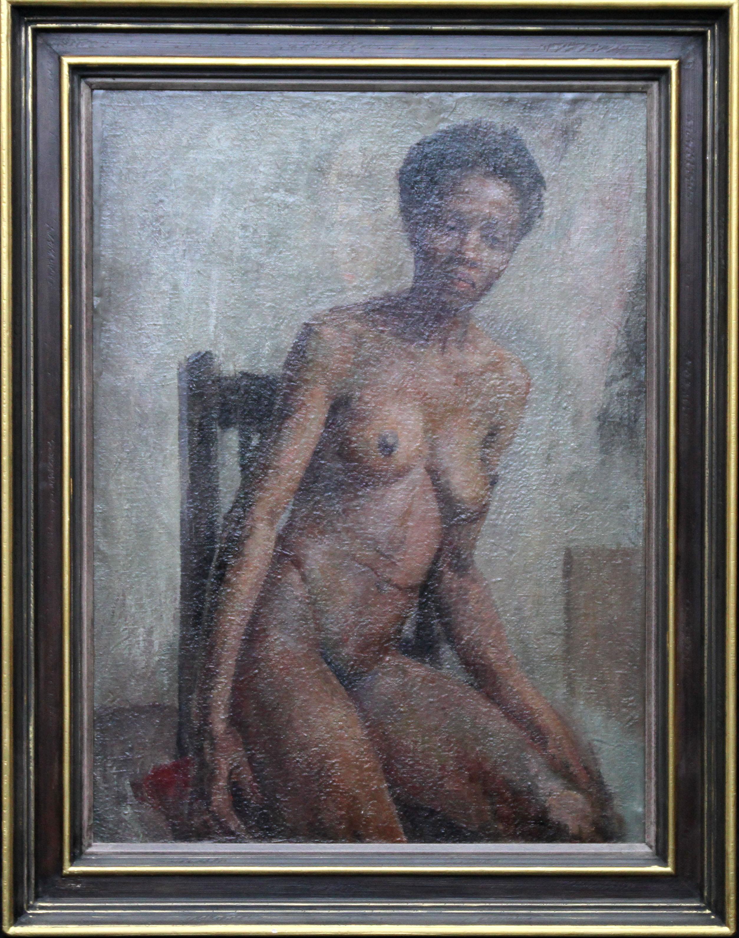 Nude - British Impressionist art 50s oil painting black nude woman female artist For Sale 3