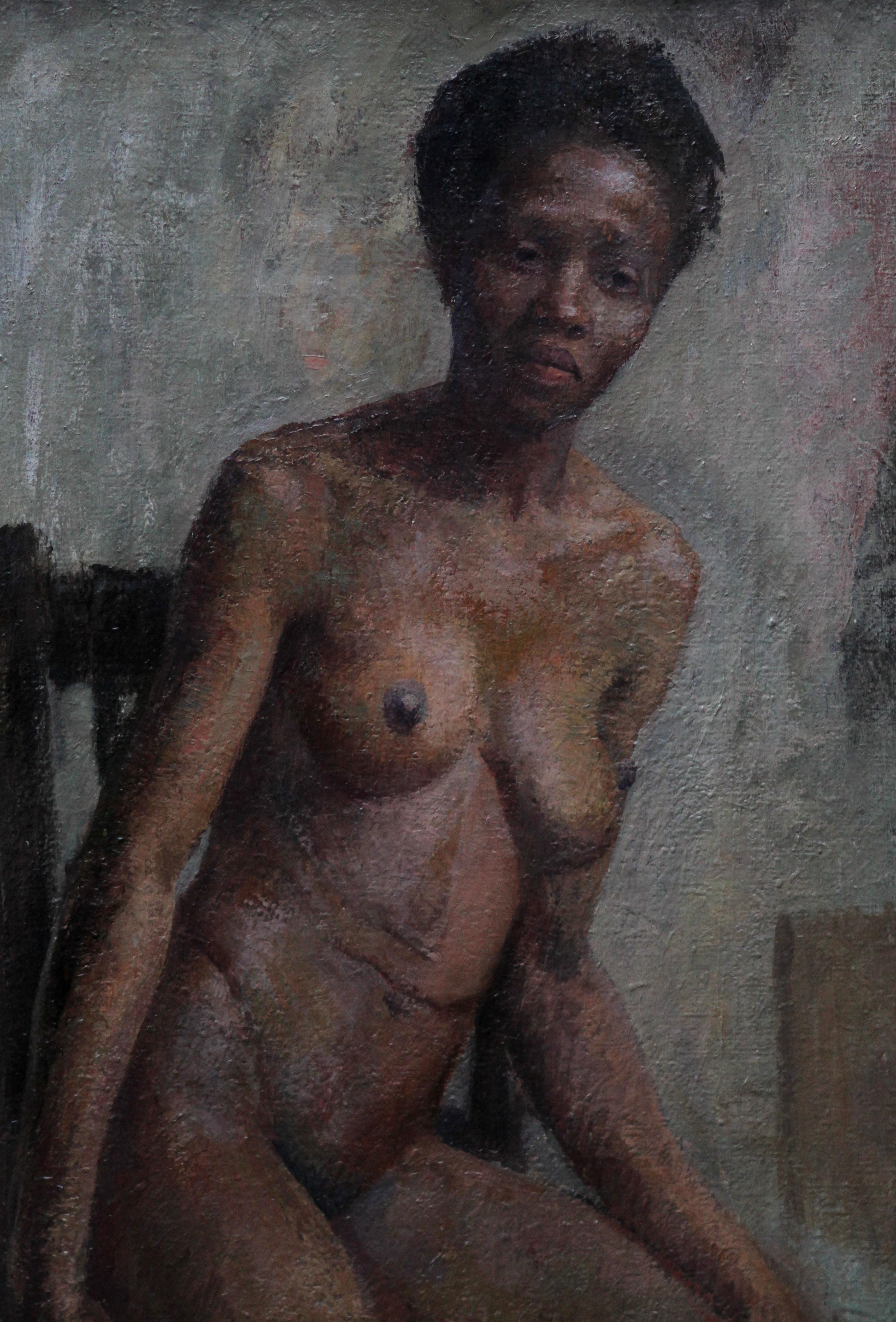 Desnudo - Arte impresionista británico años 50 pintura al óleo mujer desnuda negra artista femenina en venta 4