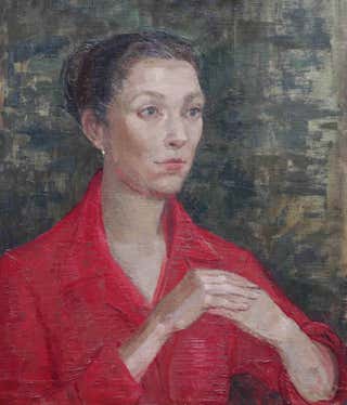 Portrait, Lady in Red- British Post Impressionist 50s oil painting female artist