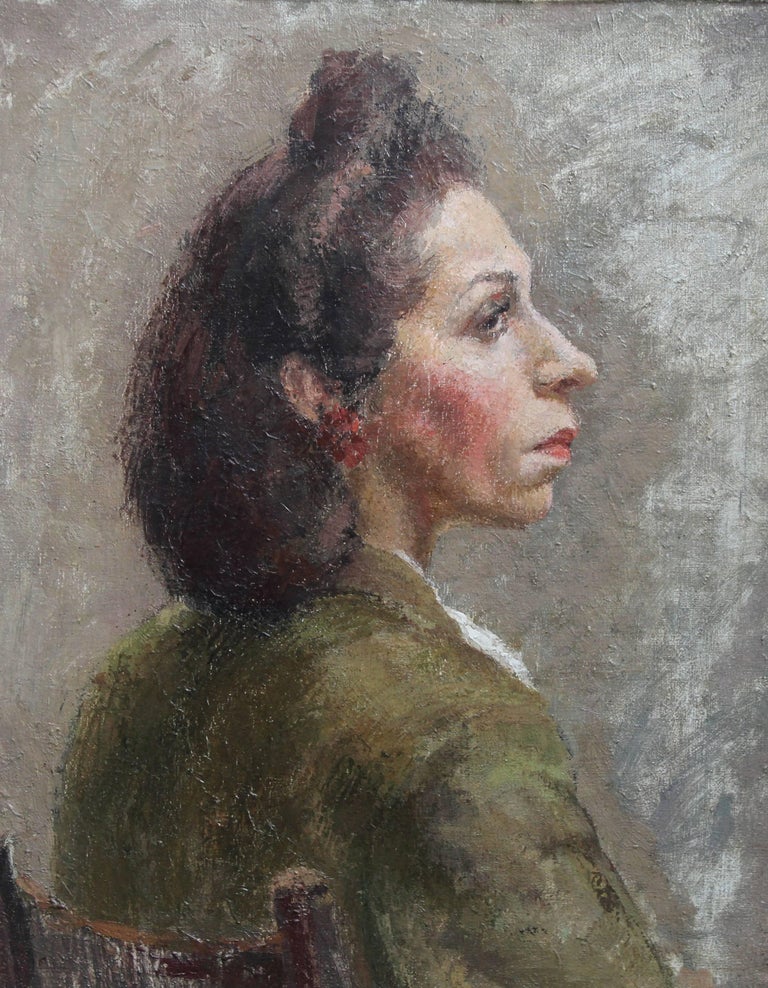 Portrait of a Lady - British 50's art oil painting woman in green female artist - Painting by Constance Anne Parker