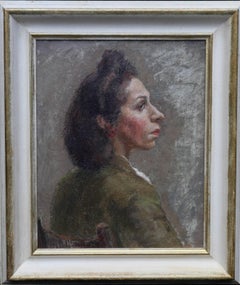 Portrait of a Lady - British 50's art oil painting woman in green female artist
