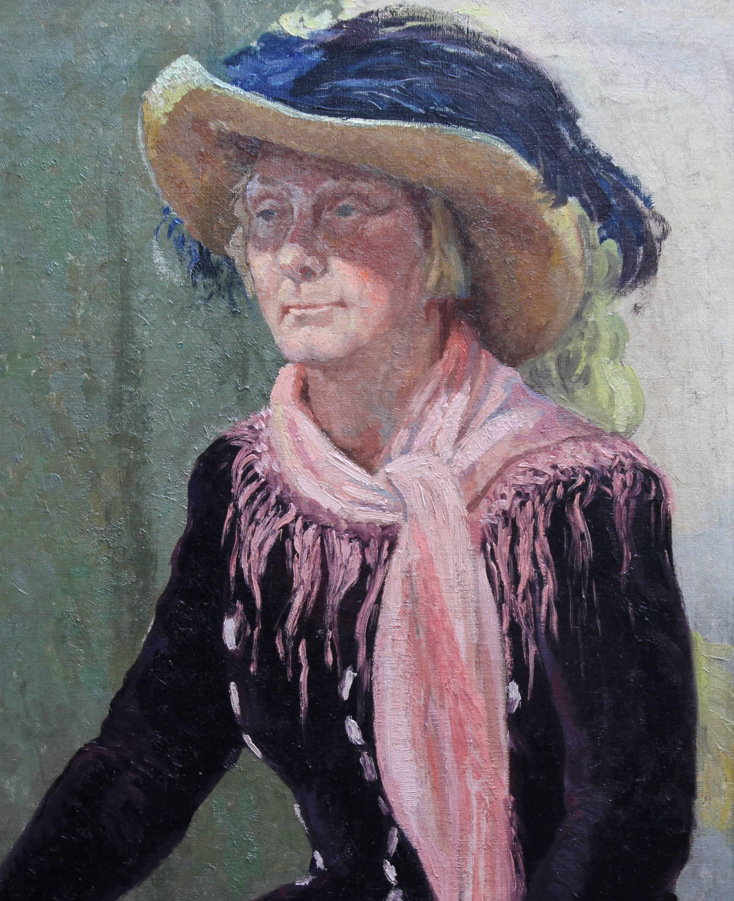 Portrait of a Lady in a Hat - British 50's art oil painting female artist - Painting by Constance Anne Parker