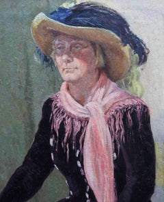 Portrait of a Lady in a Hat - British 50's art oil painting female artist