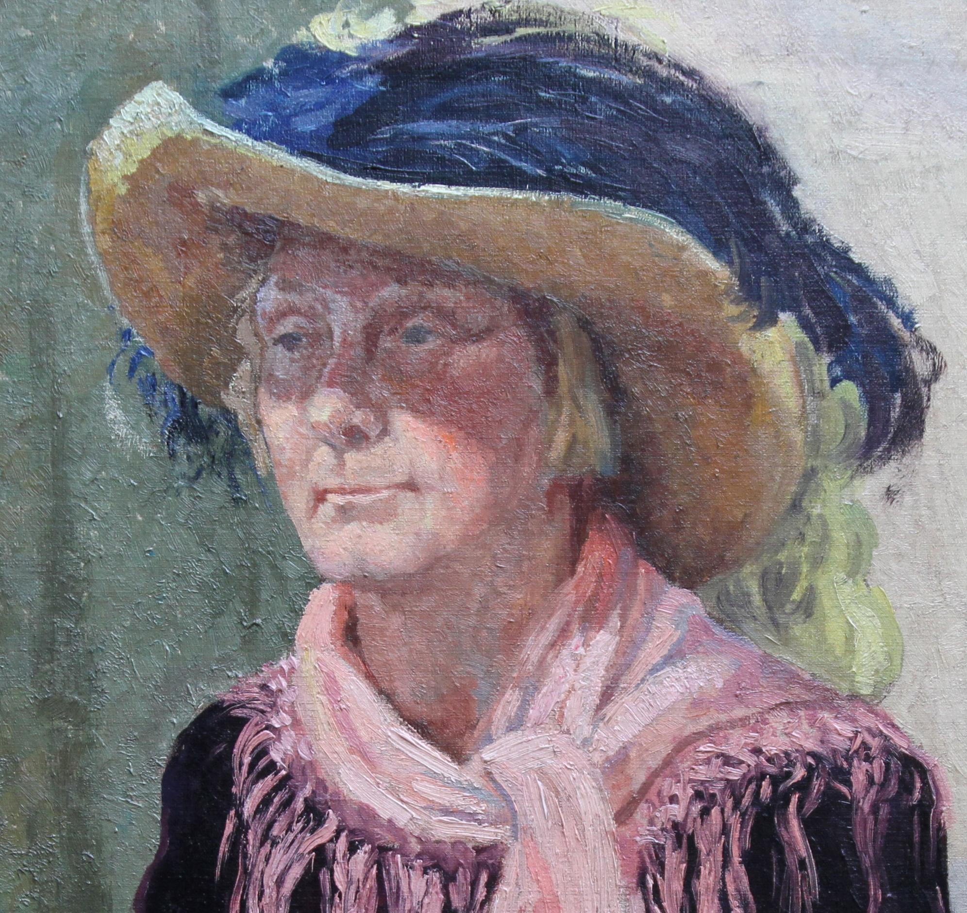 Portrait of a Lady in a Hat - British 50's art oil painting female artist - Post-Impressionist Painting by Constance Anne Parker