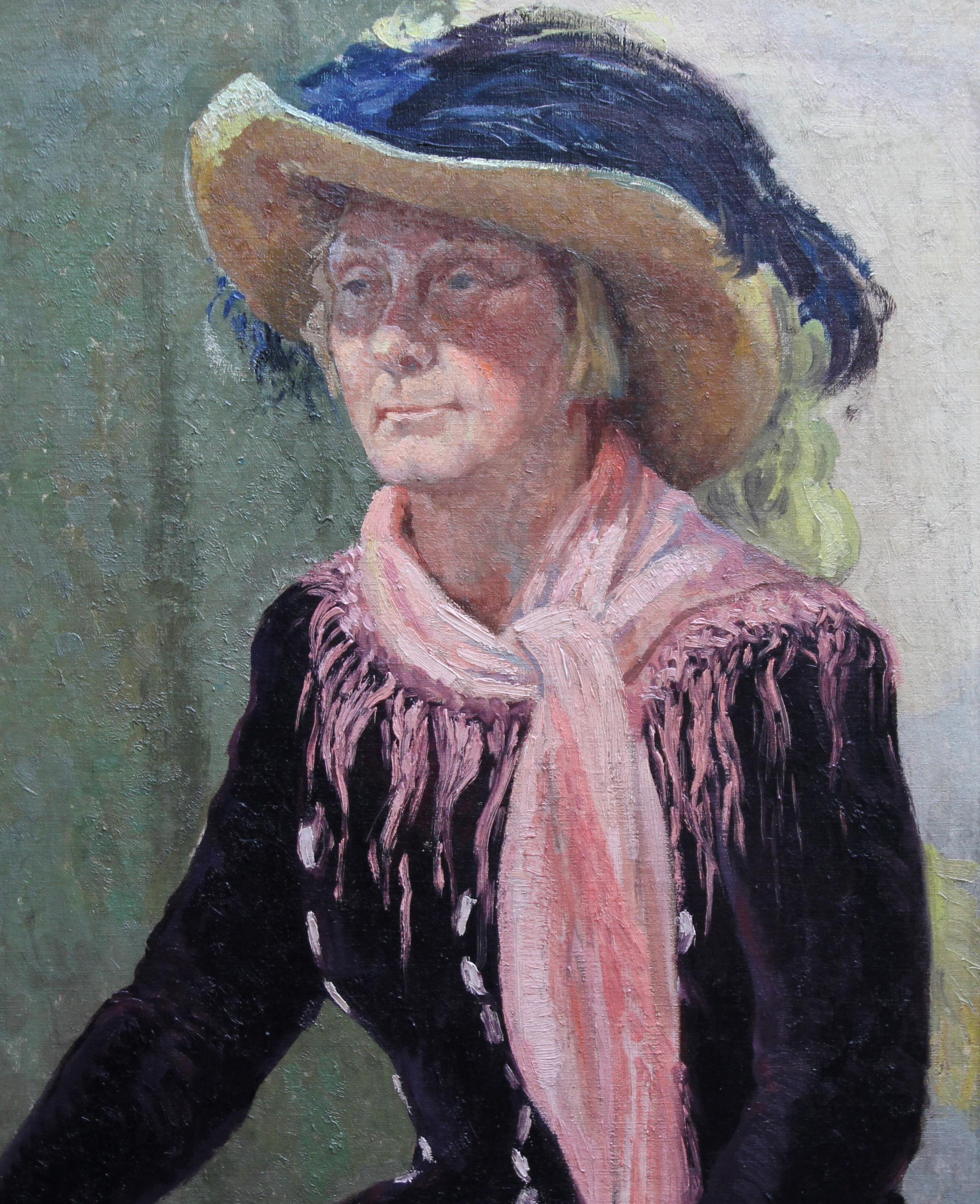 Portrait of a Lady in a Hat - British 50's art oil painting female artist For Sale 1