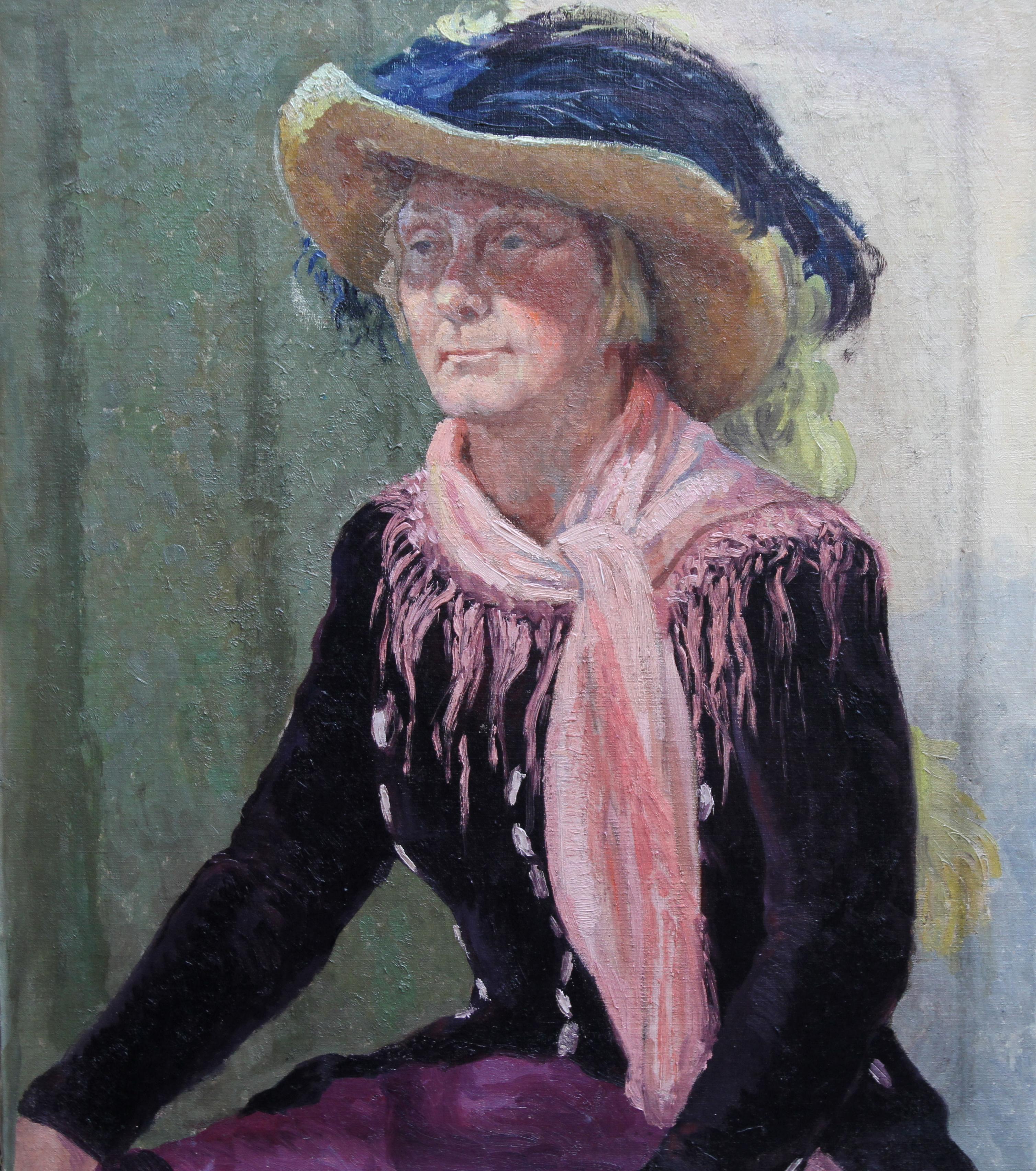 Portrait of a Lady in a Hat - British 50's art oil painting female artist For Sale 2