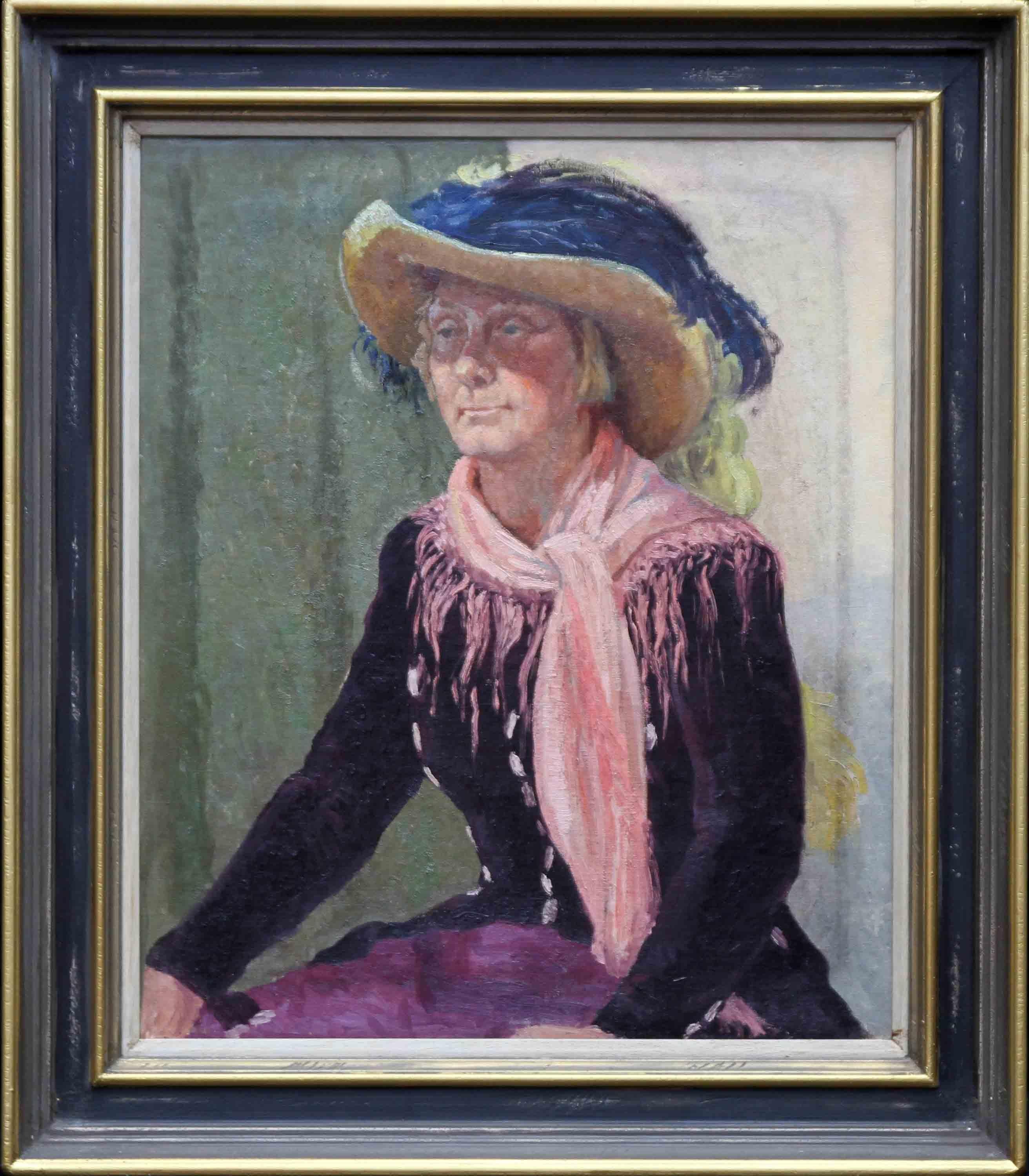 Portrait of a Lady in a Hat - British 50's art oil painting female artist For Sale 3