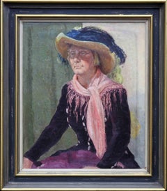 Portrait d'une femme au chapeau - Peinture à l'huile d'une artiste britannique des années 50